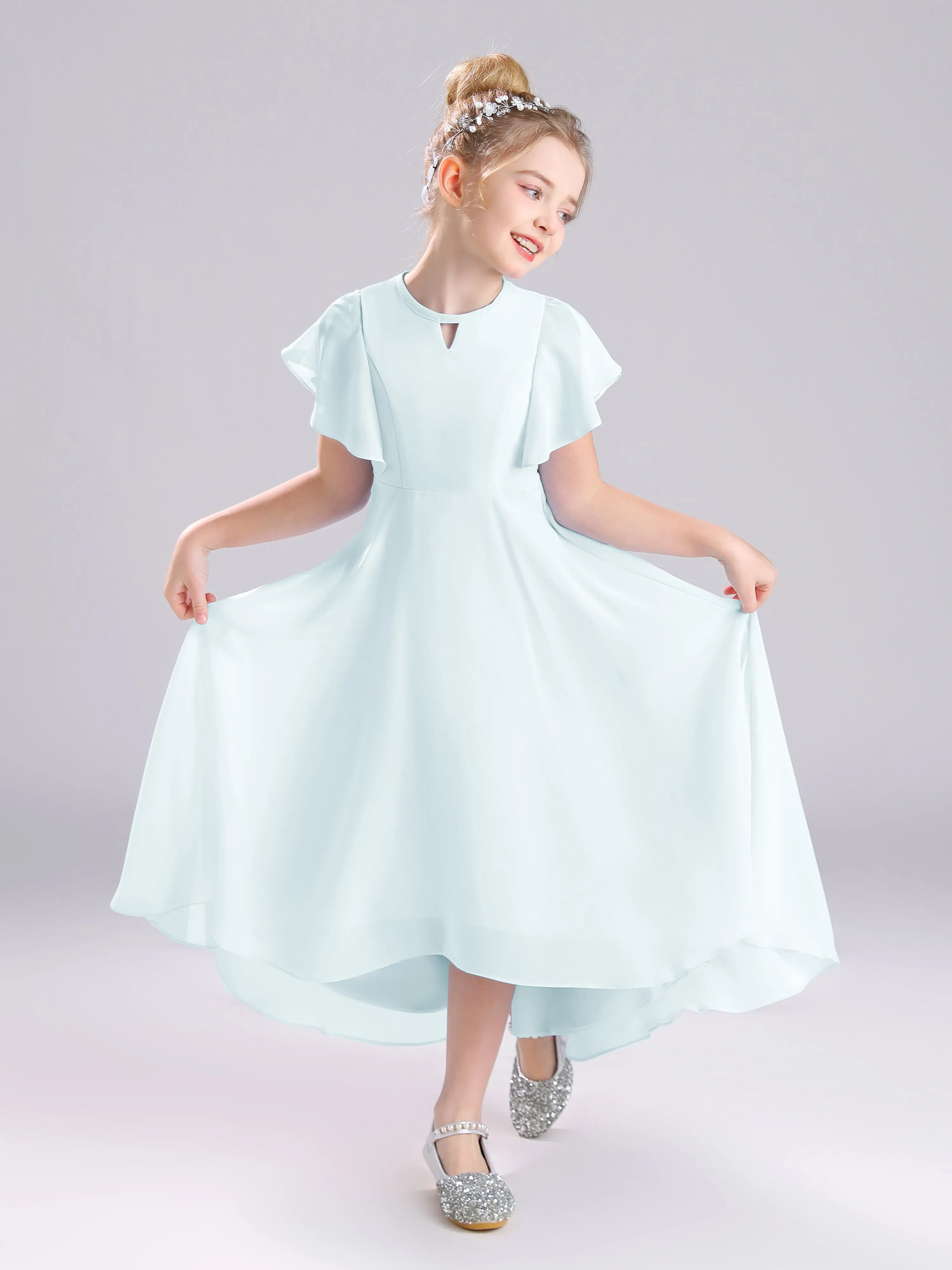 Ruffles Sleeves A-Line Long Chiffon Junior Bridesmaid Dresses