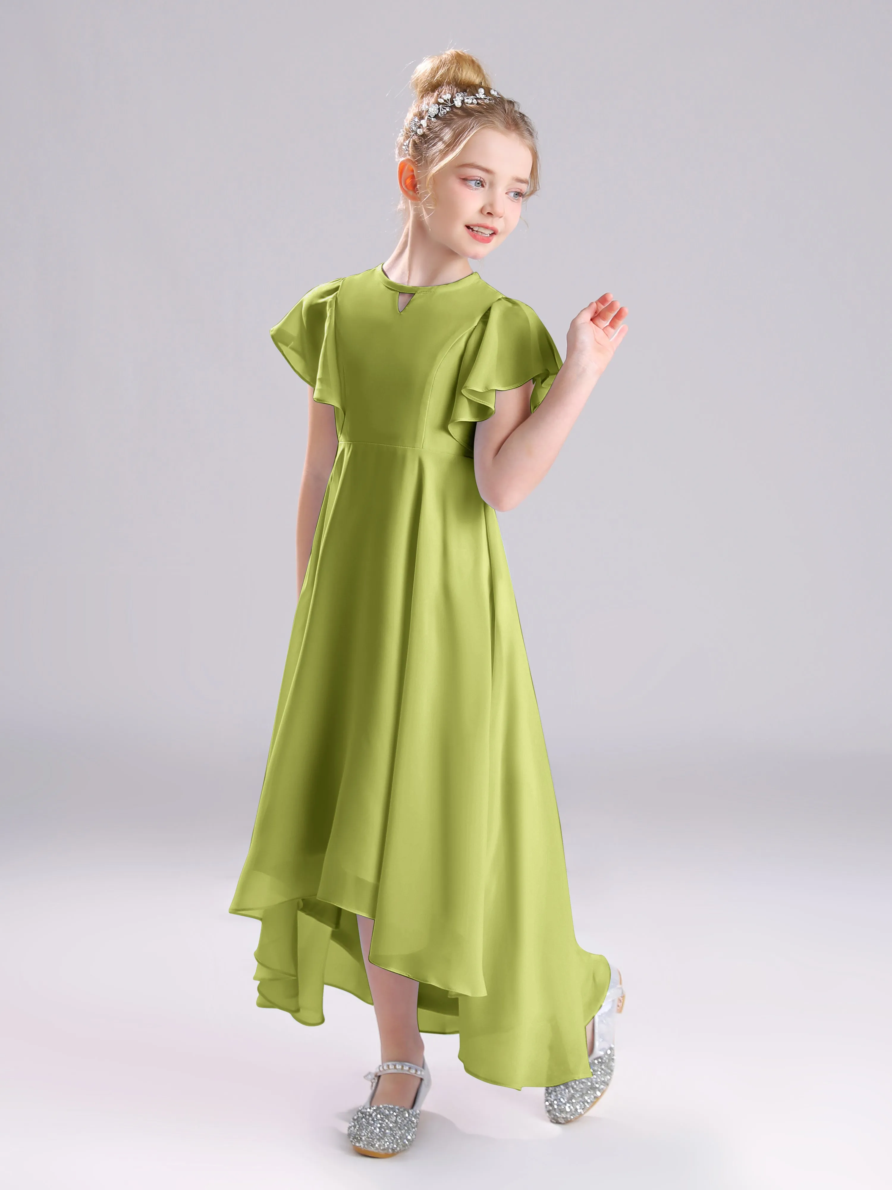 Ruffles Sleeves A-Line Long Chiffon Junior Bridesmaid Dresses