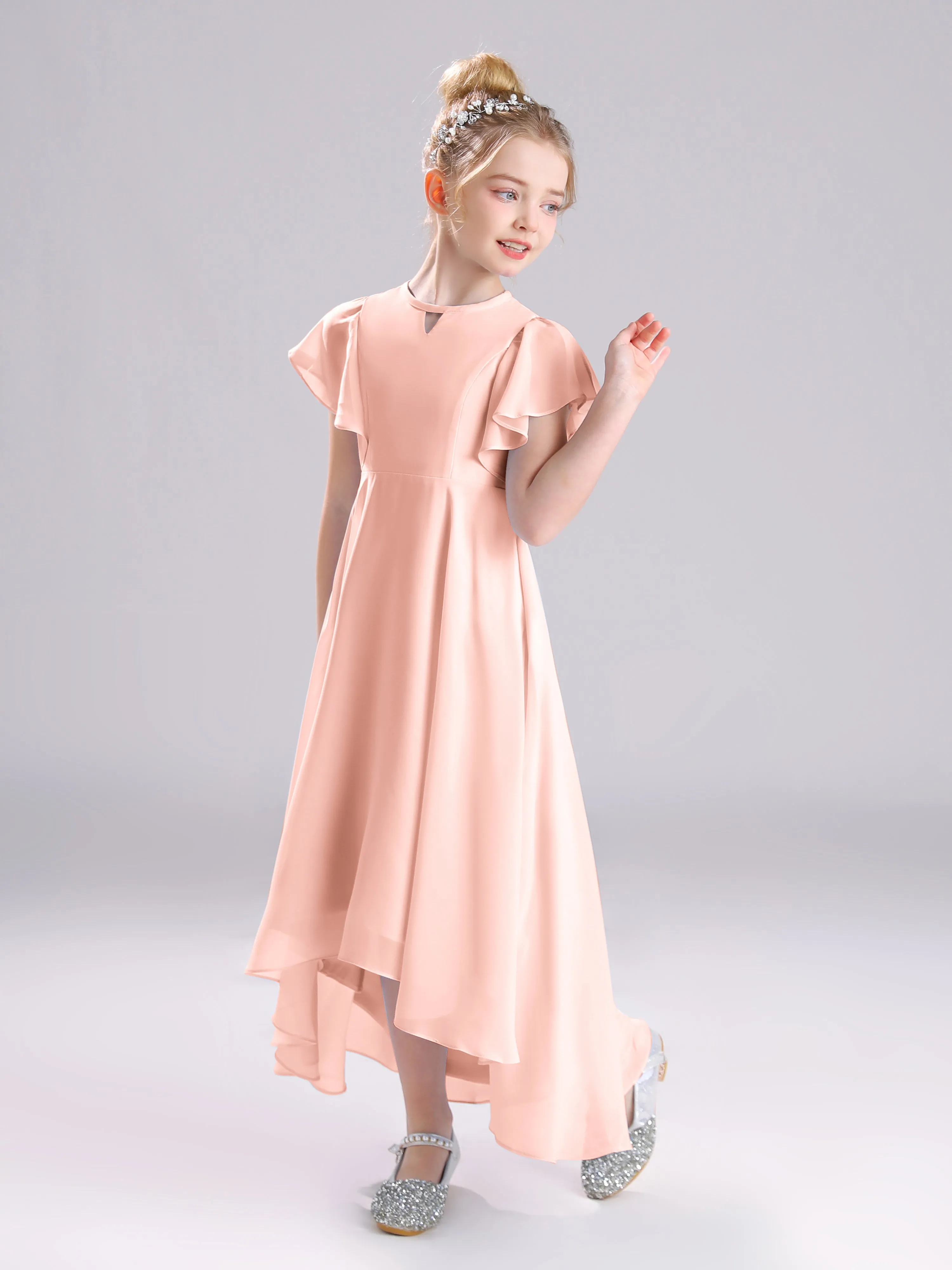 Ruffles Sleeves A-Line Long Chiffon Junior Bridesmaid Dresses