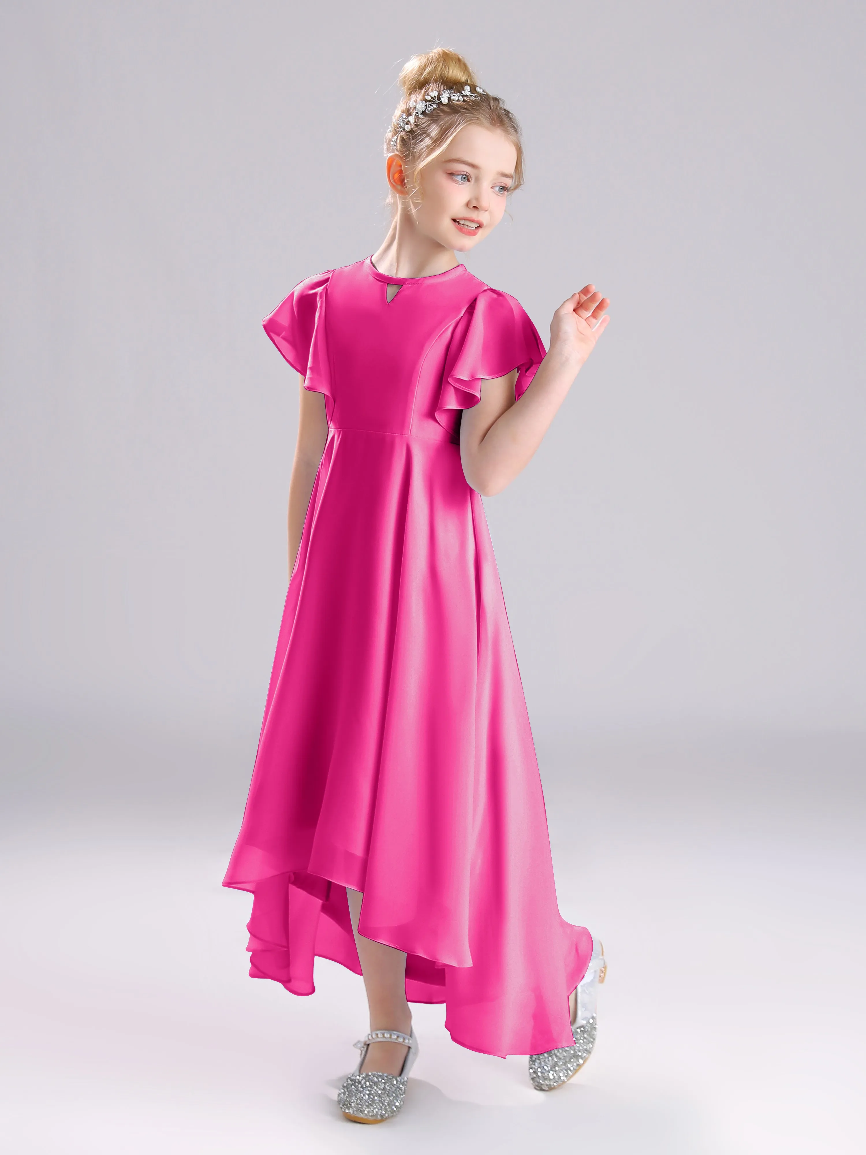 Ruffles Sleeves A-Line Long Chiffon Junior Bridesmaid Dresses