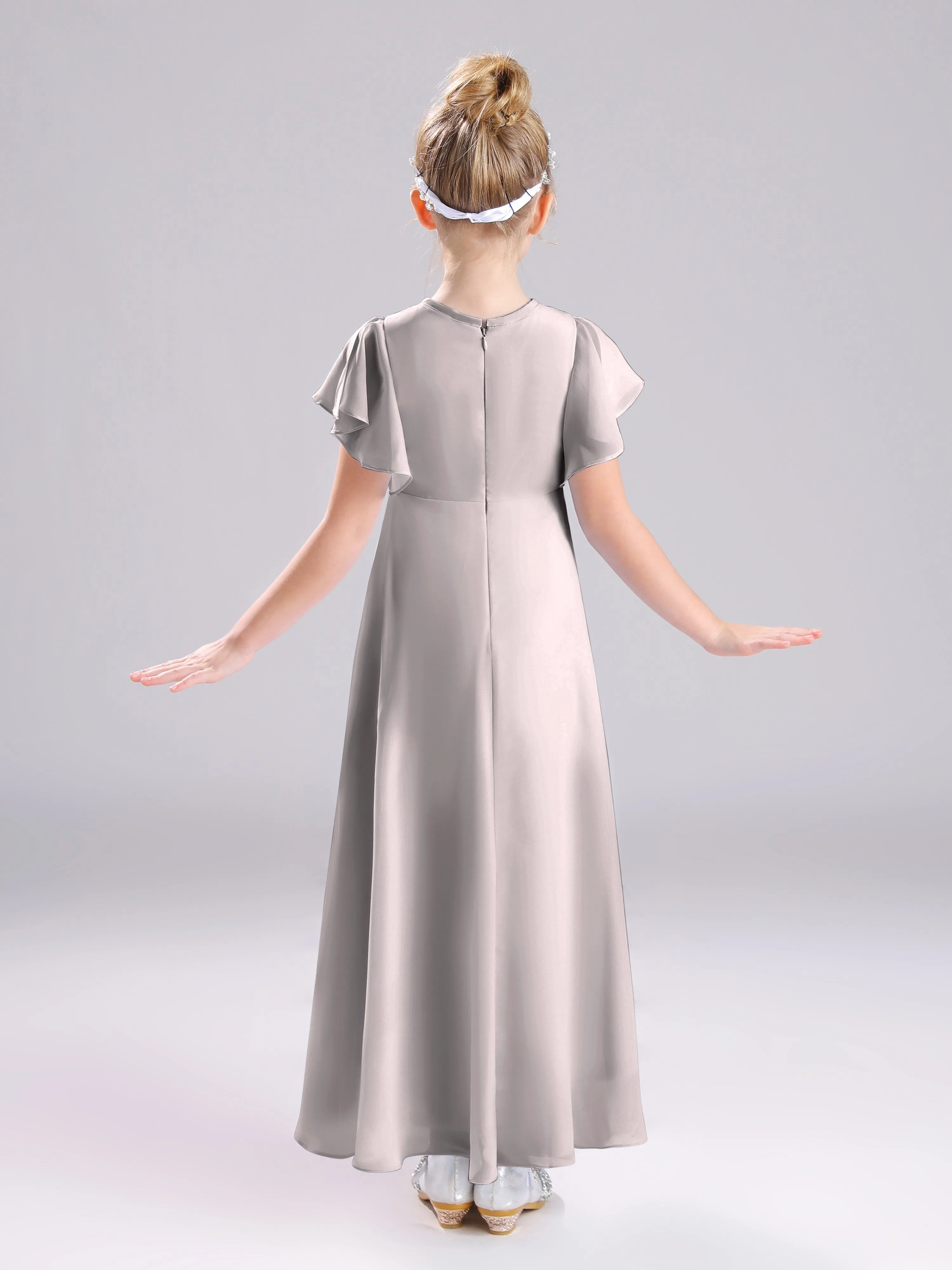 Ruffles Sleeves A-Line Long Chiffon Junior Bridesmaid Dresses