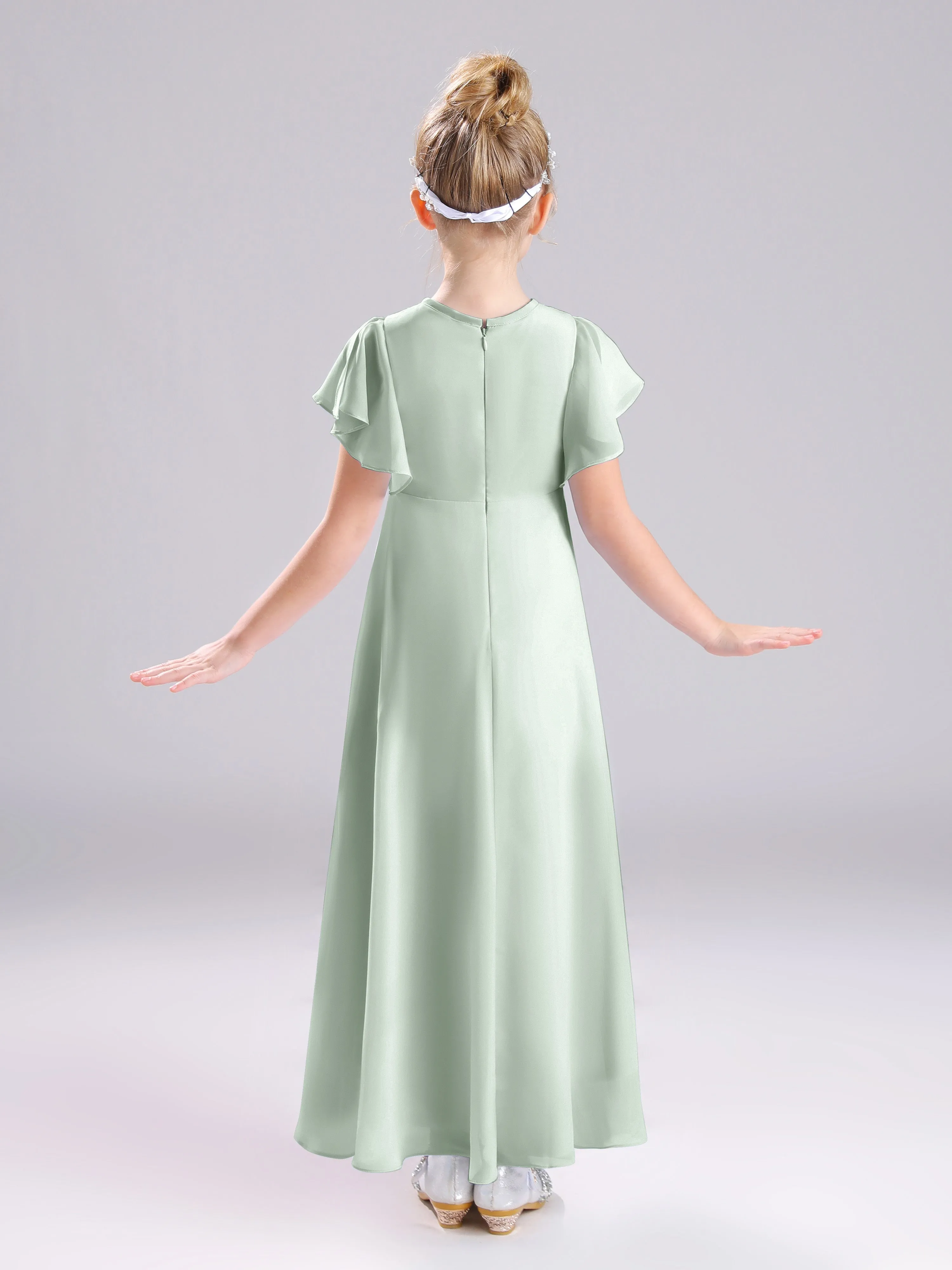 Ruffles Sleeves A-Line Long Chiffon Junior Bridesmaid Dresses