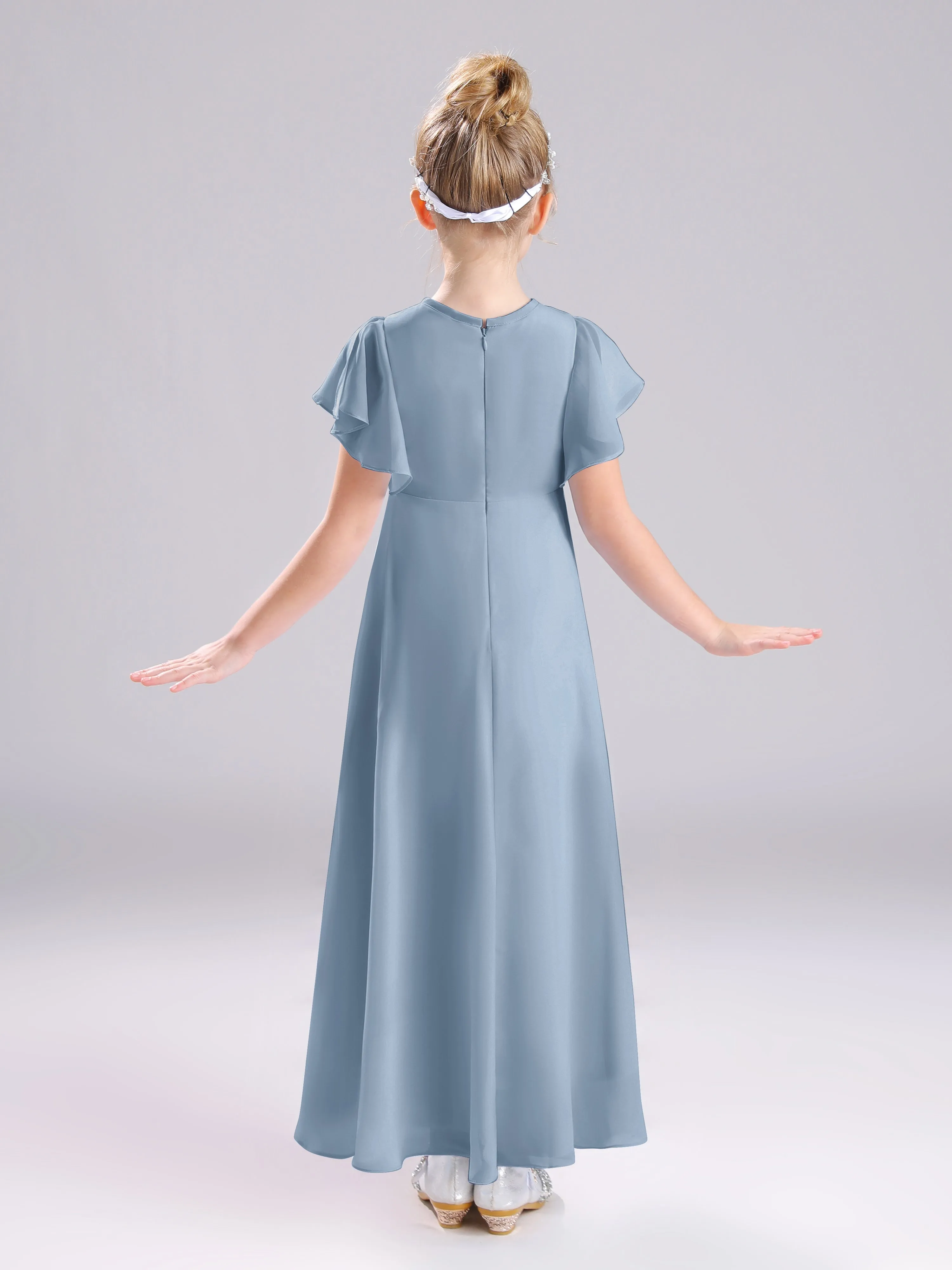 Ruffles Sleeves A-Line Long Chiffon Junior Bridesmaid Dresses