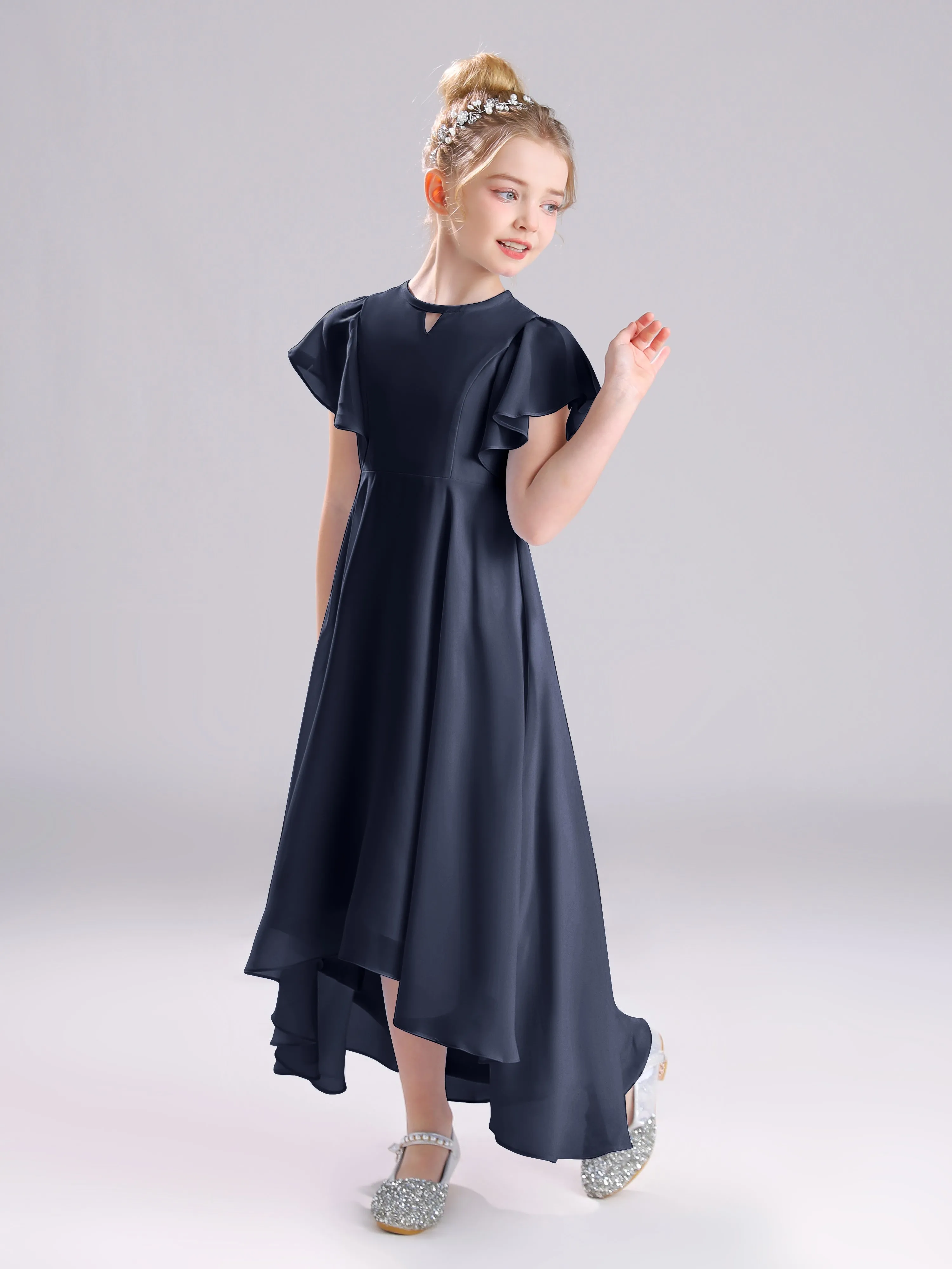 Ruffles Sleeves A-Line Long Chiffon Junior Bridesmaid Dresses