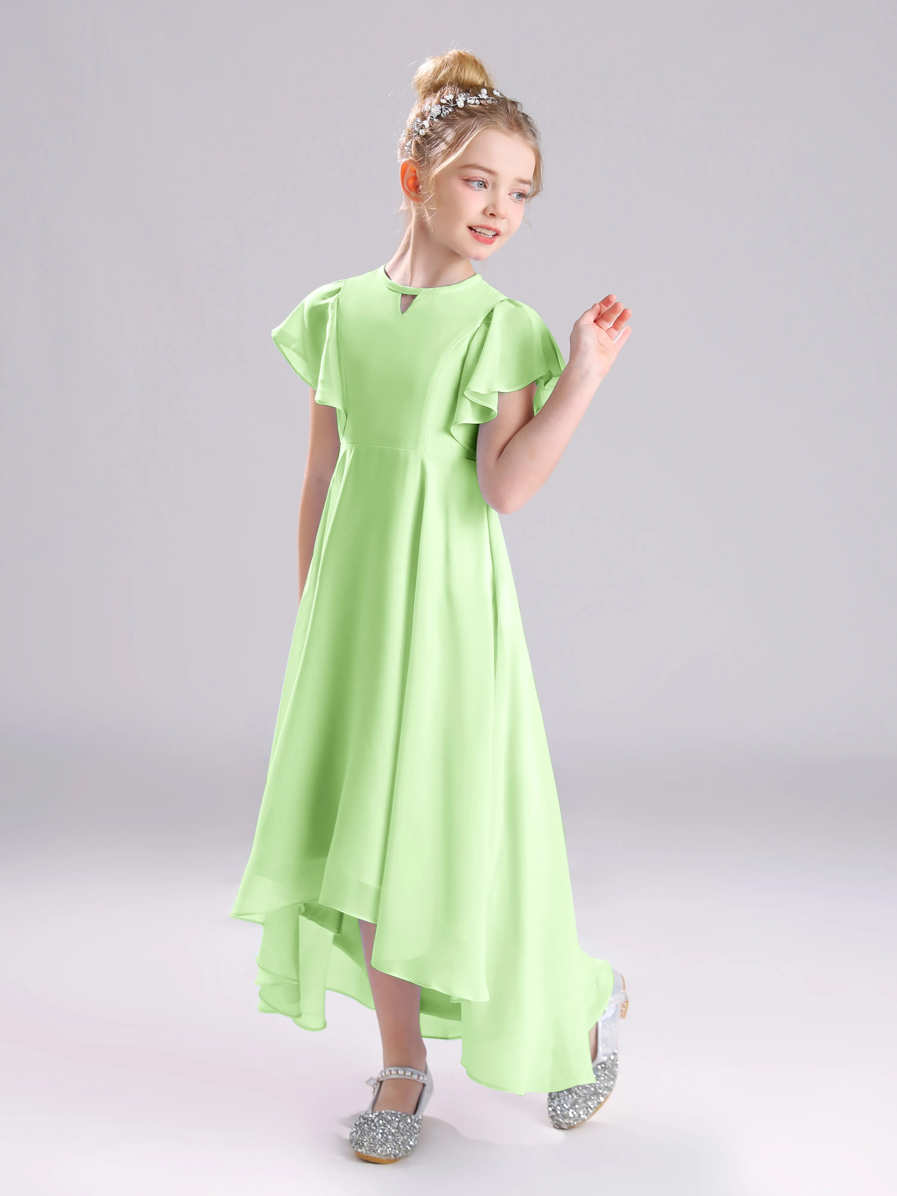 Ruffles Sleeves A-Line Long Chiffon Junior Bridesmaid Dresses