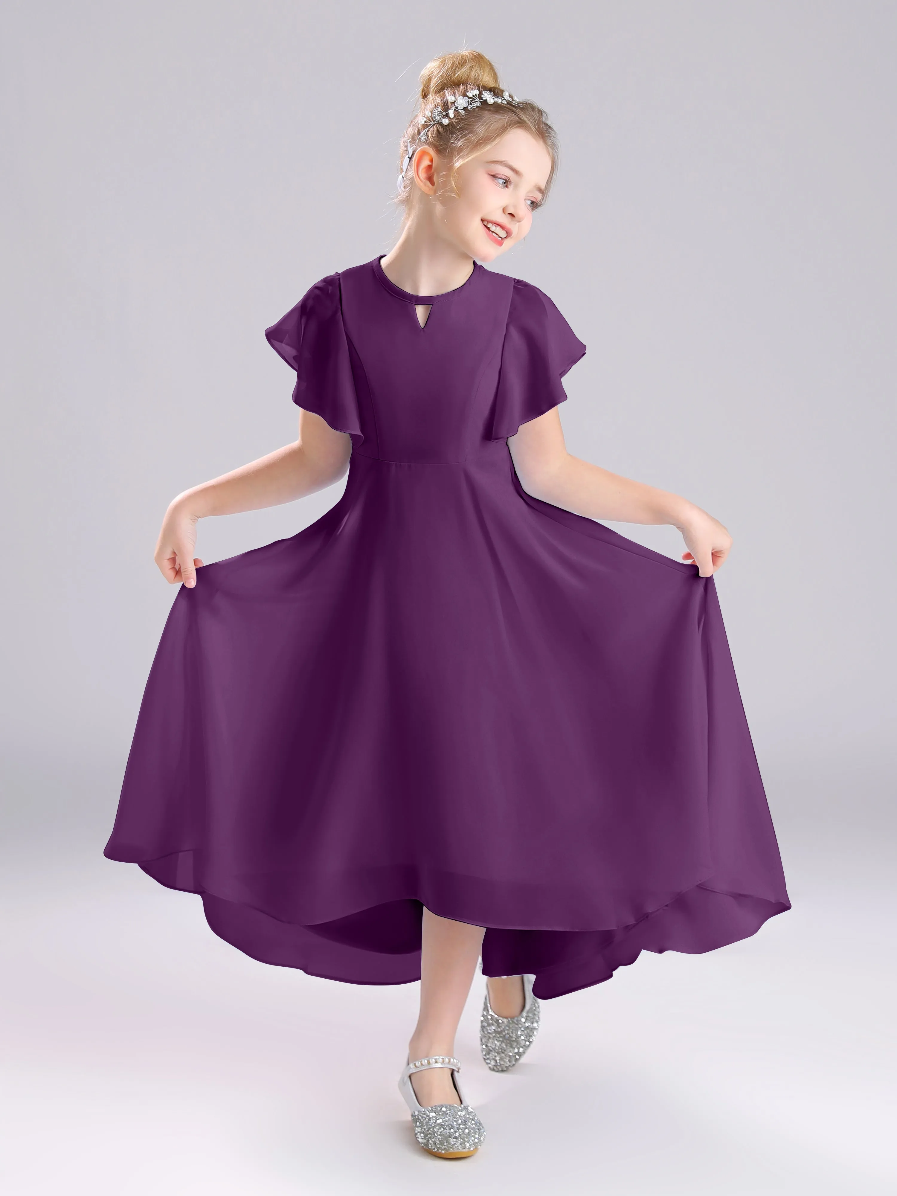 Ruffles Sleeves A-Line Long Chiffon Junior Bridesmaid Dresses