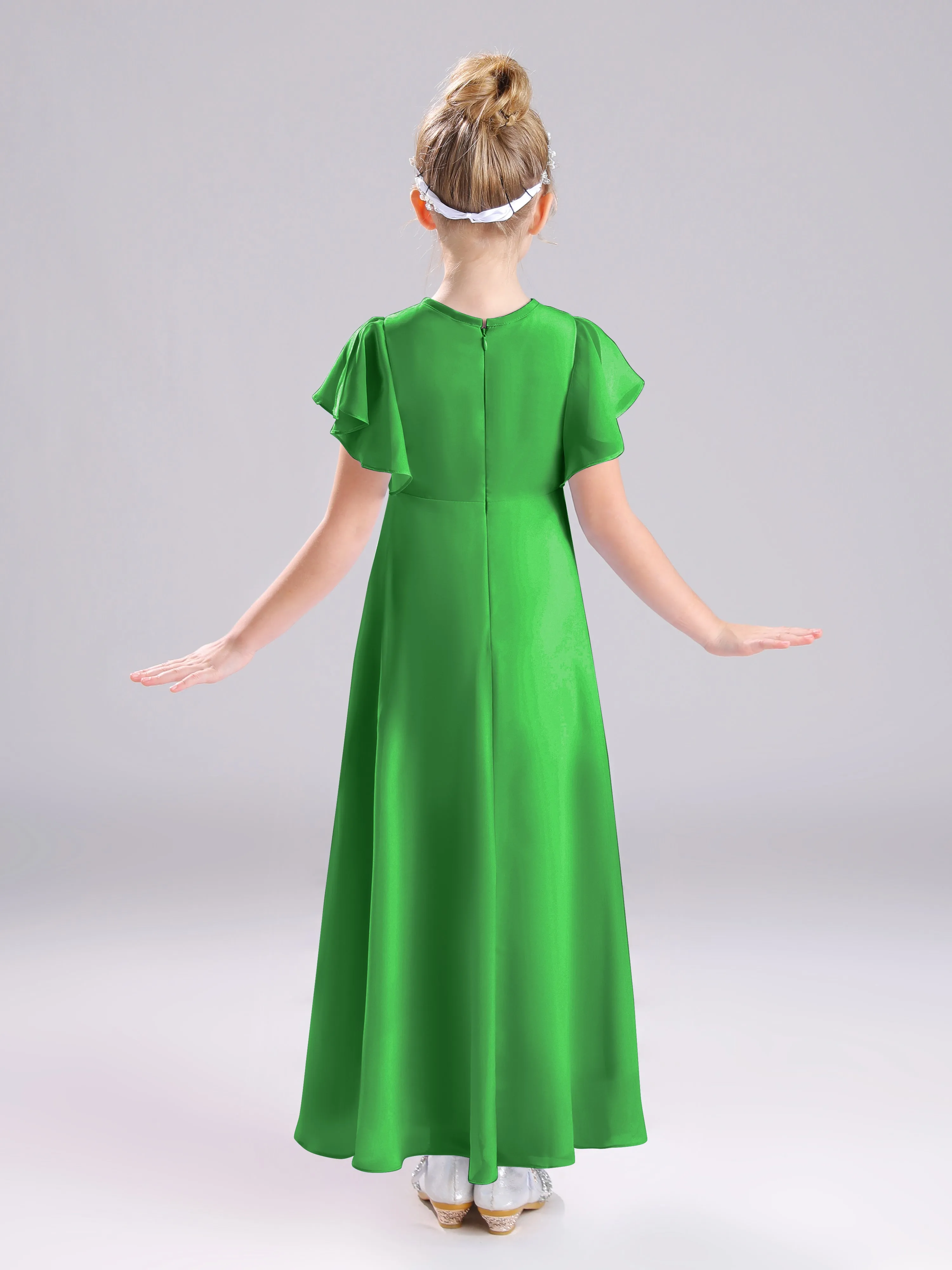 Ruffles Sleeves A-Line Long Chiffon Junior Bridesmaid Dresses