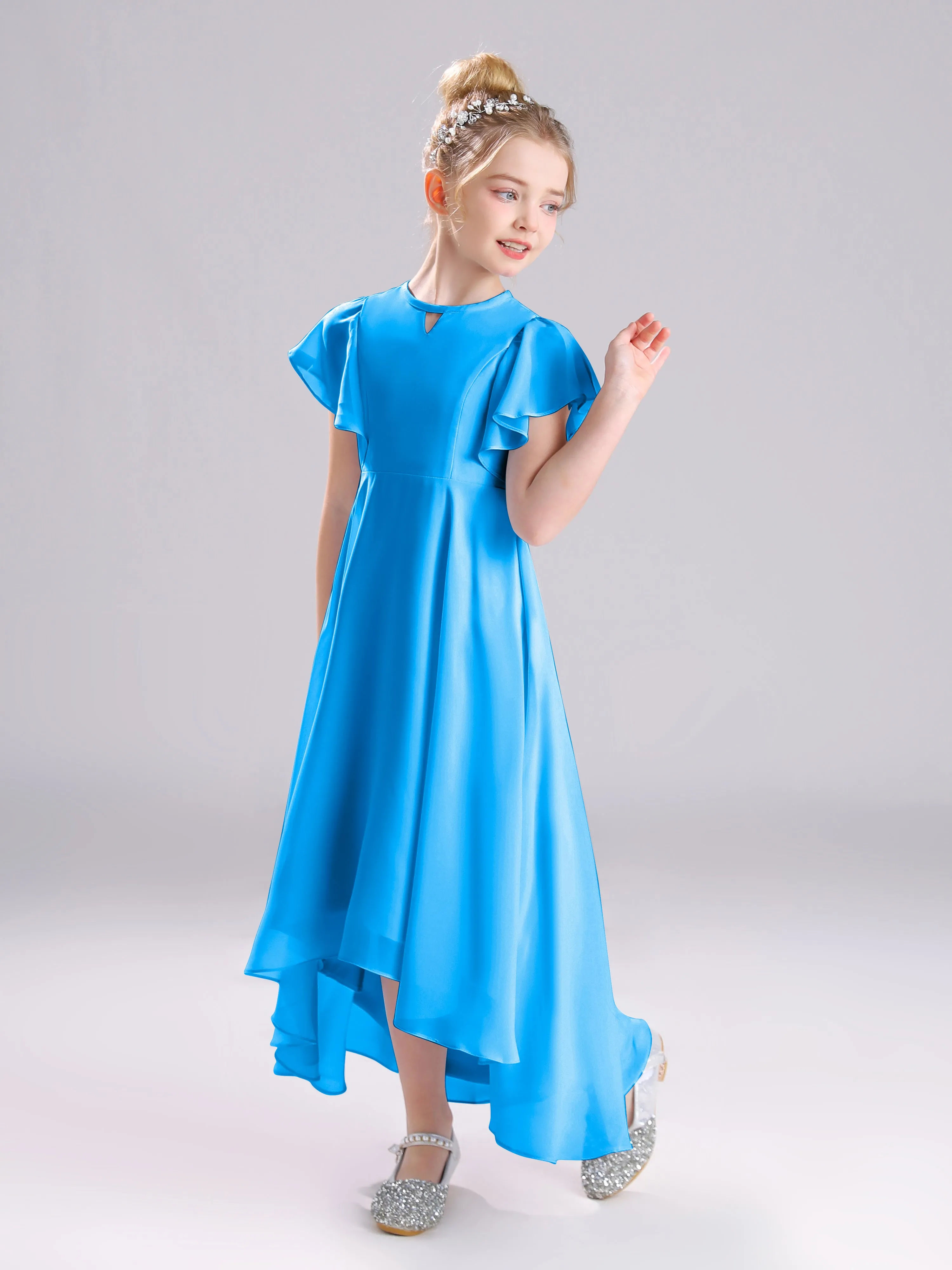 Ruffles Sleeves A-Line Long Chiffon Junior Bridesmaid Dresses