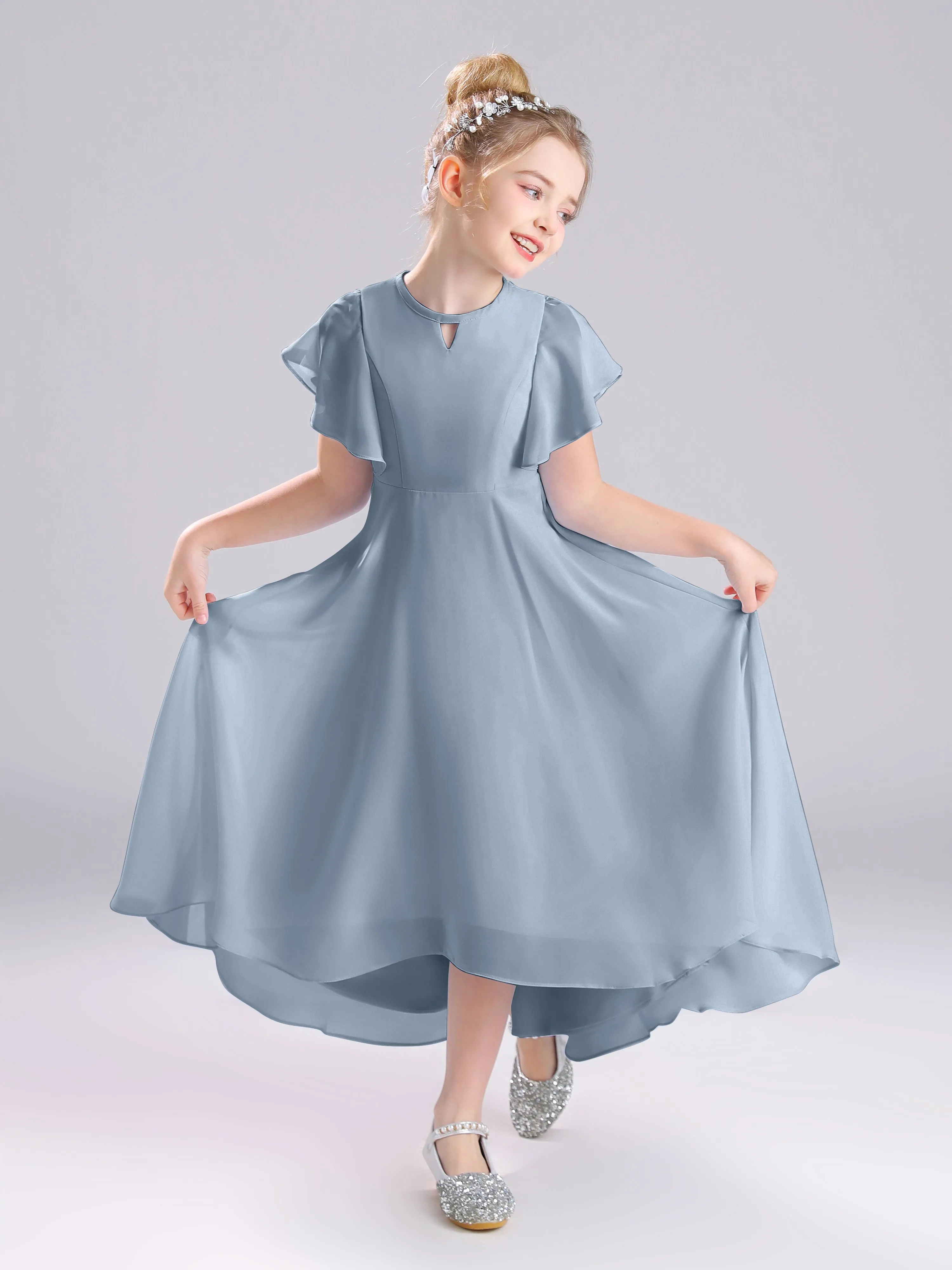 Ruffles Sleeves A-Line Long Chiffon Junior Bridesmaid Dresses