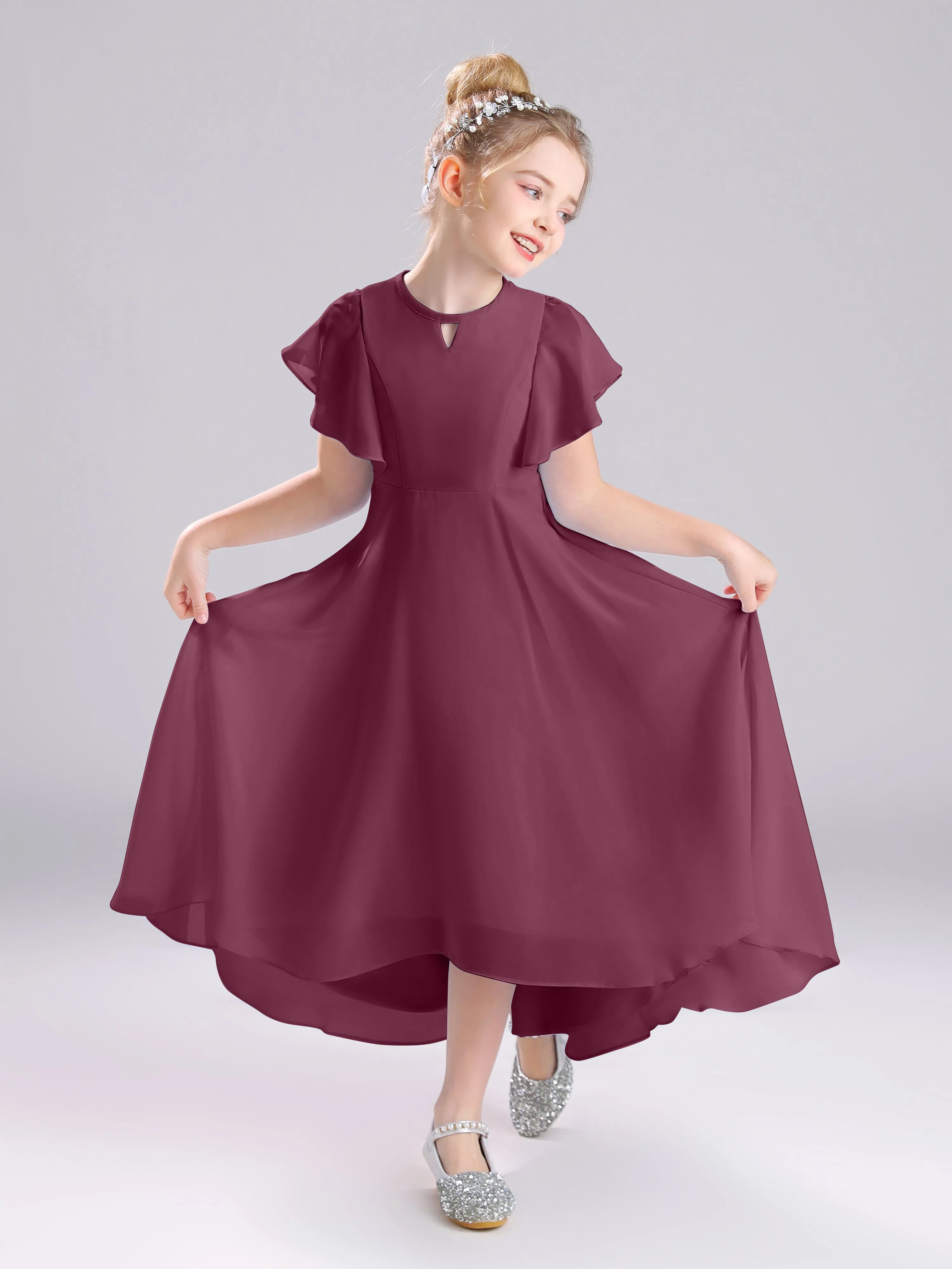 Ruffles Sleeves A-Line Long Chiffon Junior Bridesmaid Dresses