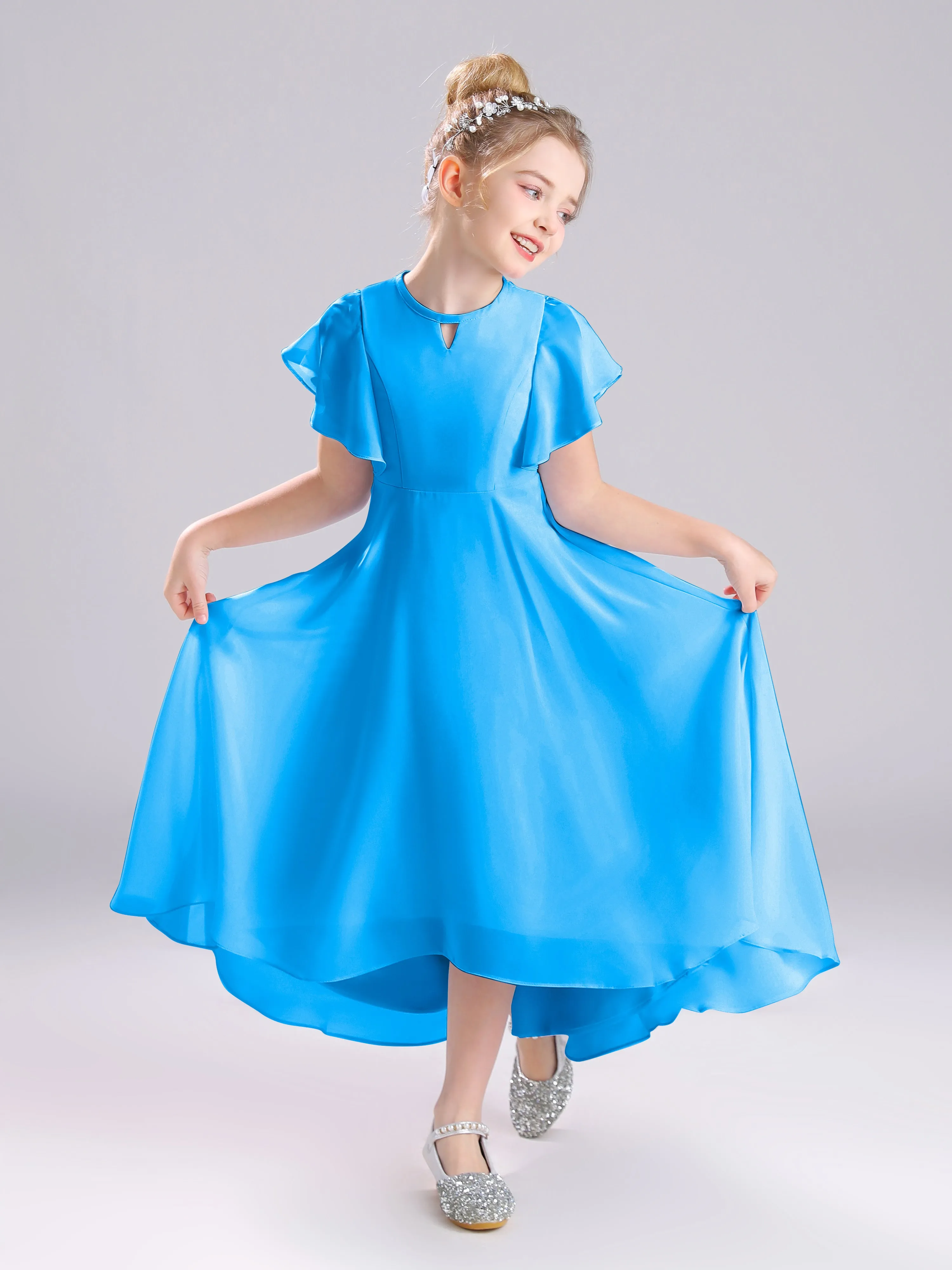 Ruffles Sleeves A-Line Long Chiffon Junior Bridesmaid Dresses