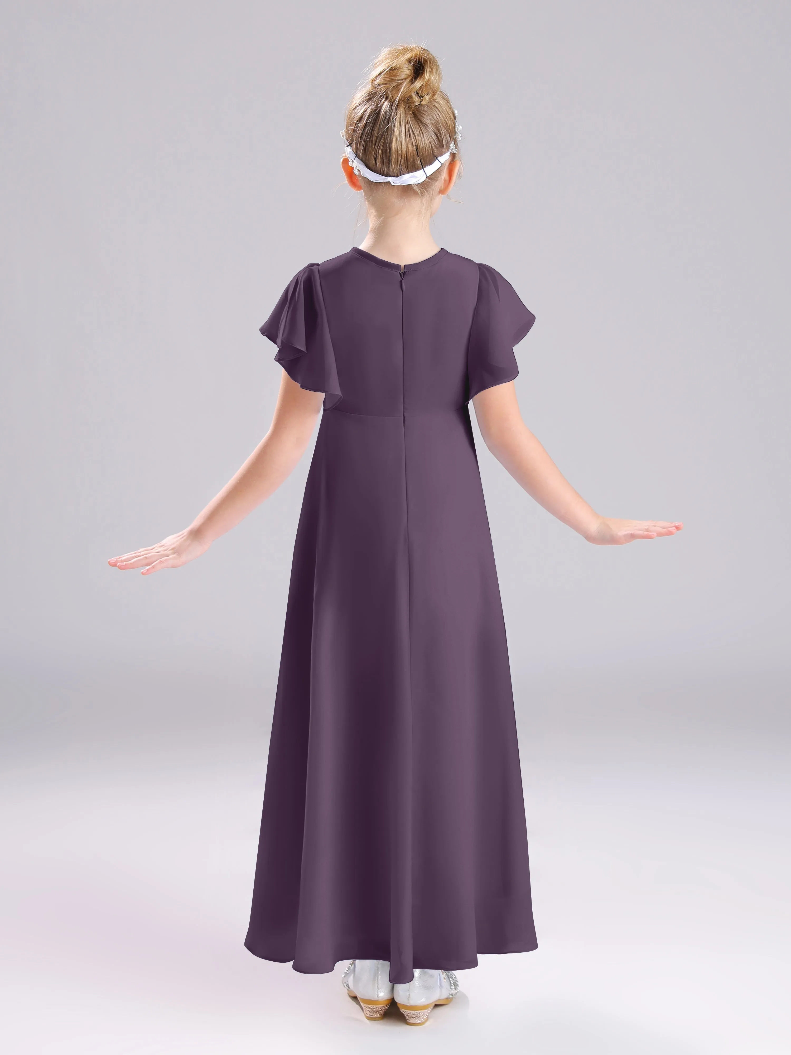 Ruffles Sleeves A-Line Long Chiffon Junior Bridesmaid Dresses