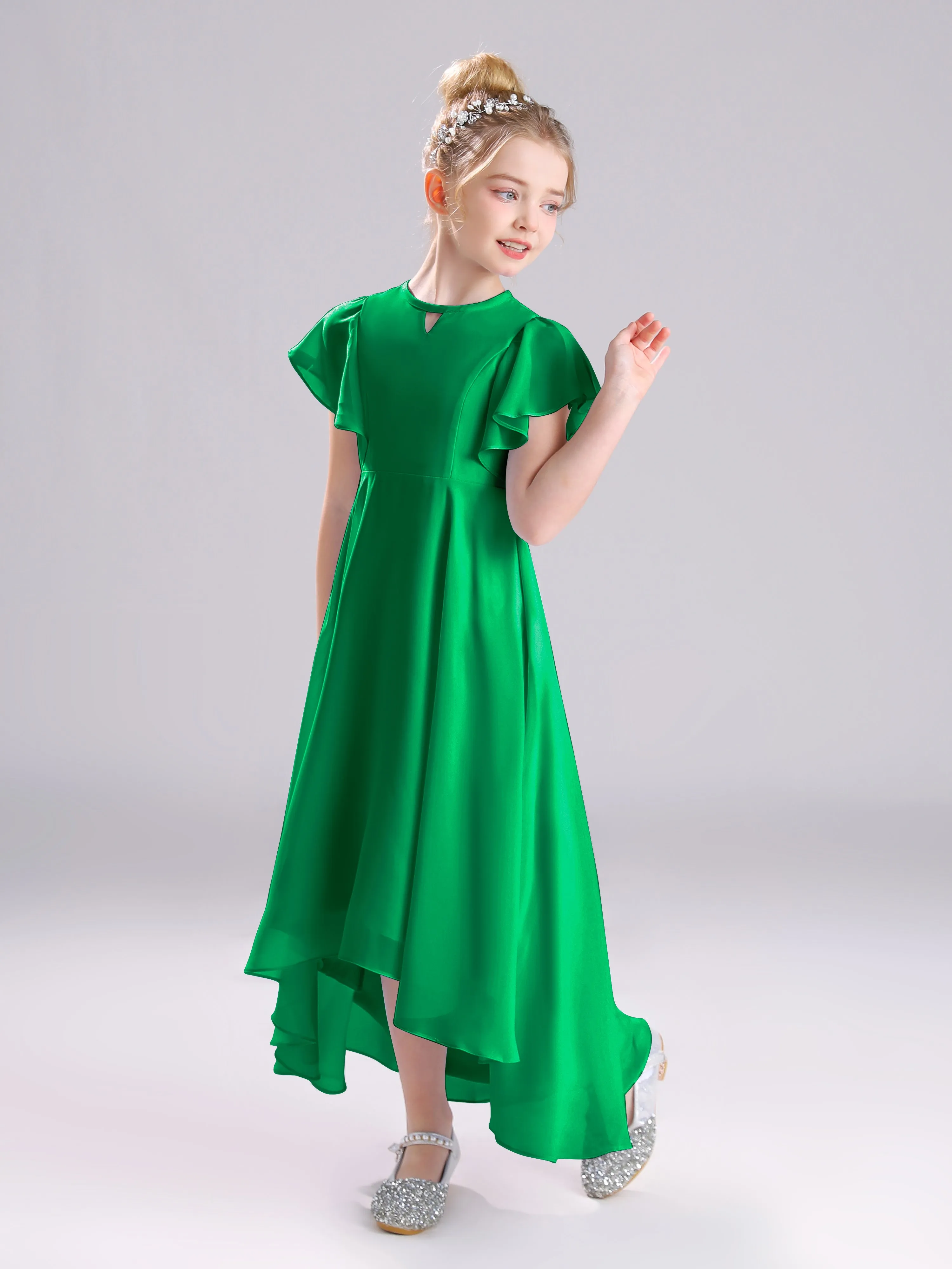 Ruffles Sleeves A-Line Long Chiffon Junior Bridesmaid Dresses