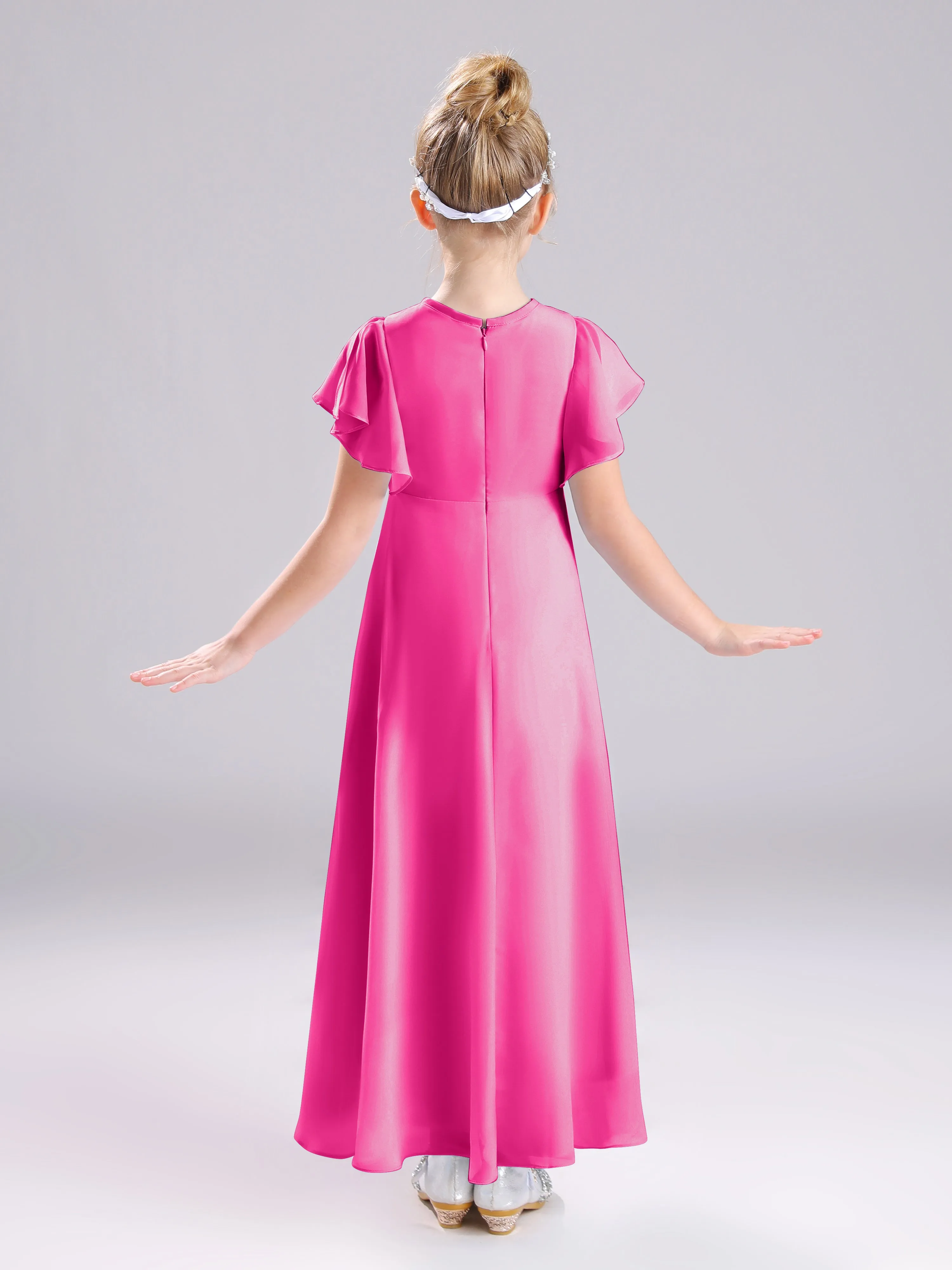 Ruffles Sleeves A-Line Long Chiffon Junior Bridesmaid Dresses
