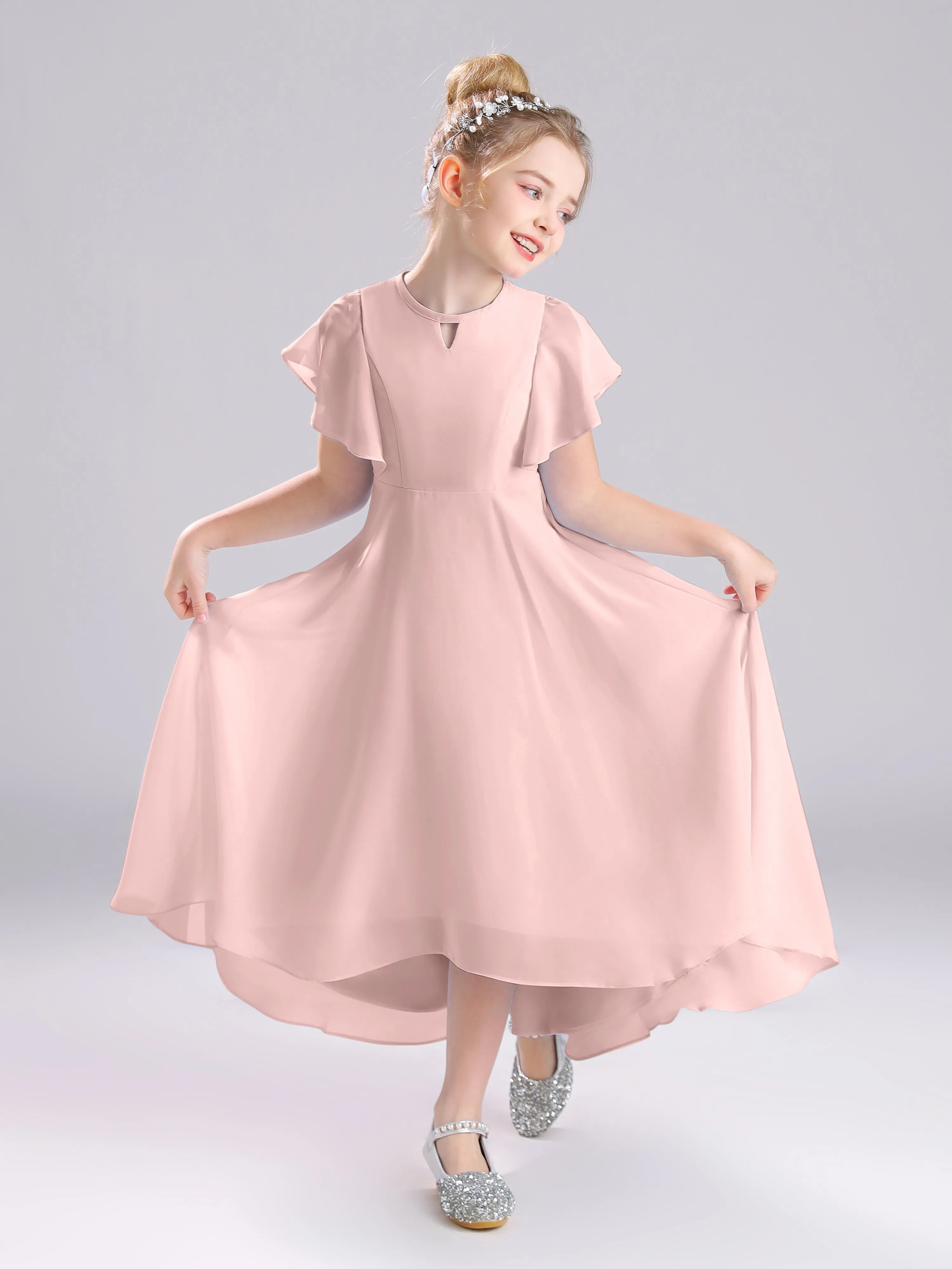 Ruffles Sleeves A-Line Long Chiffon Junior Bridesmaid Dresses
