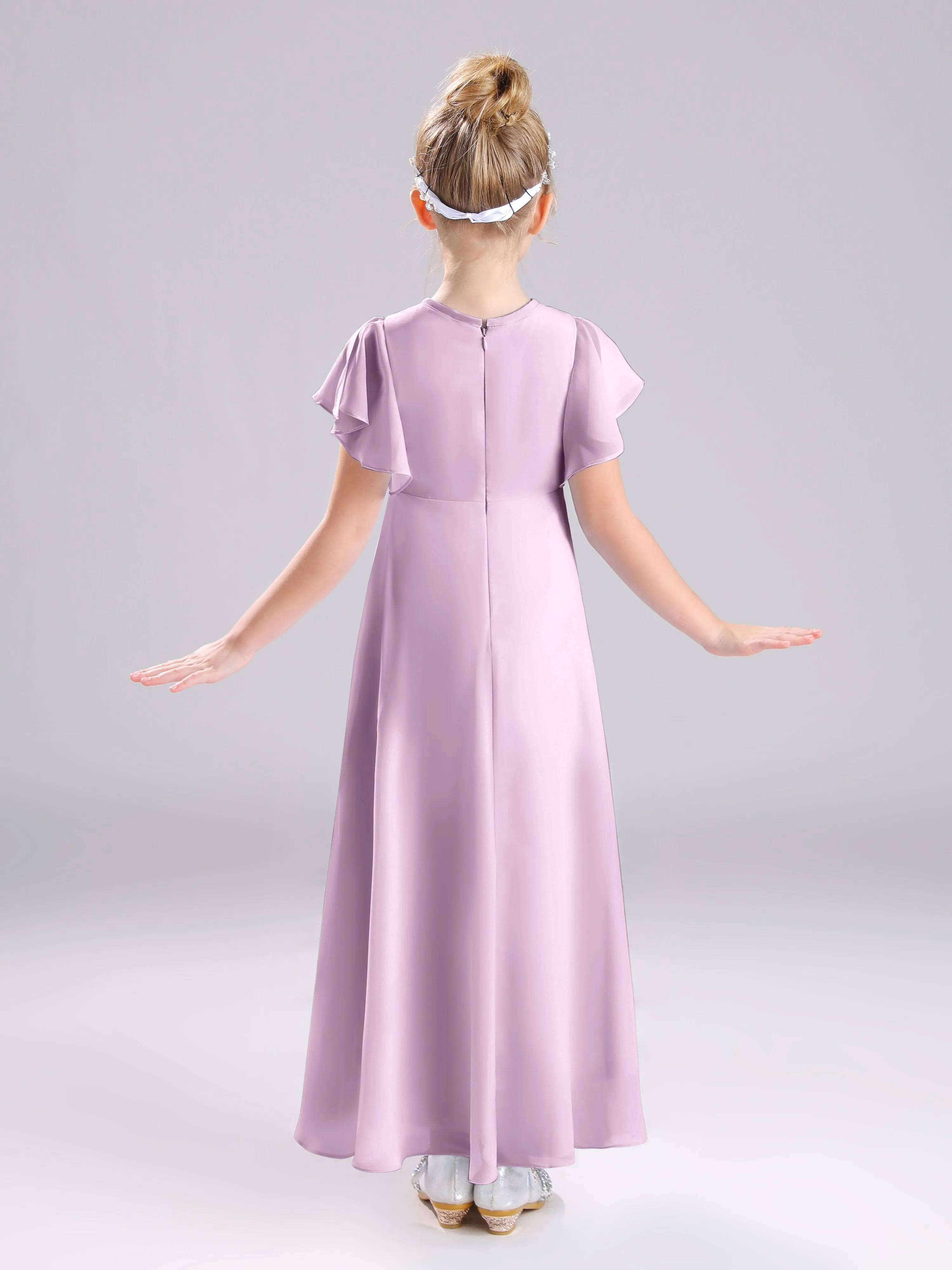 Ruffles Sleeves A-Line Long Chiffon Junior Bridesmaid Dresses