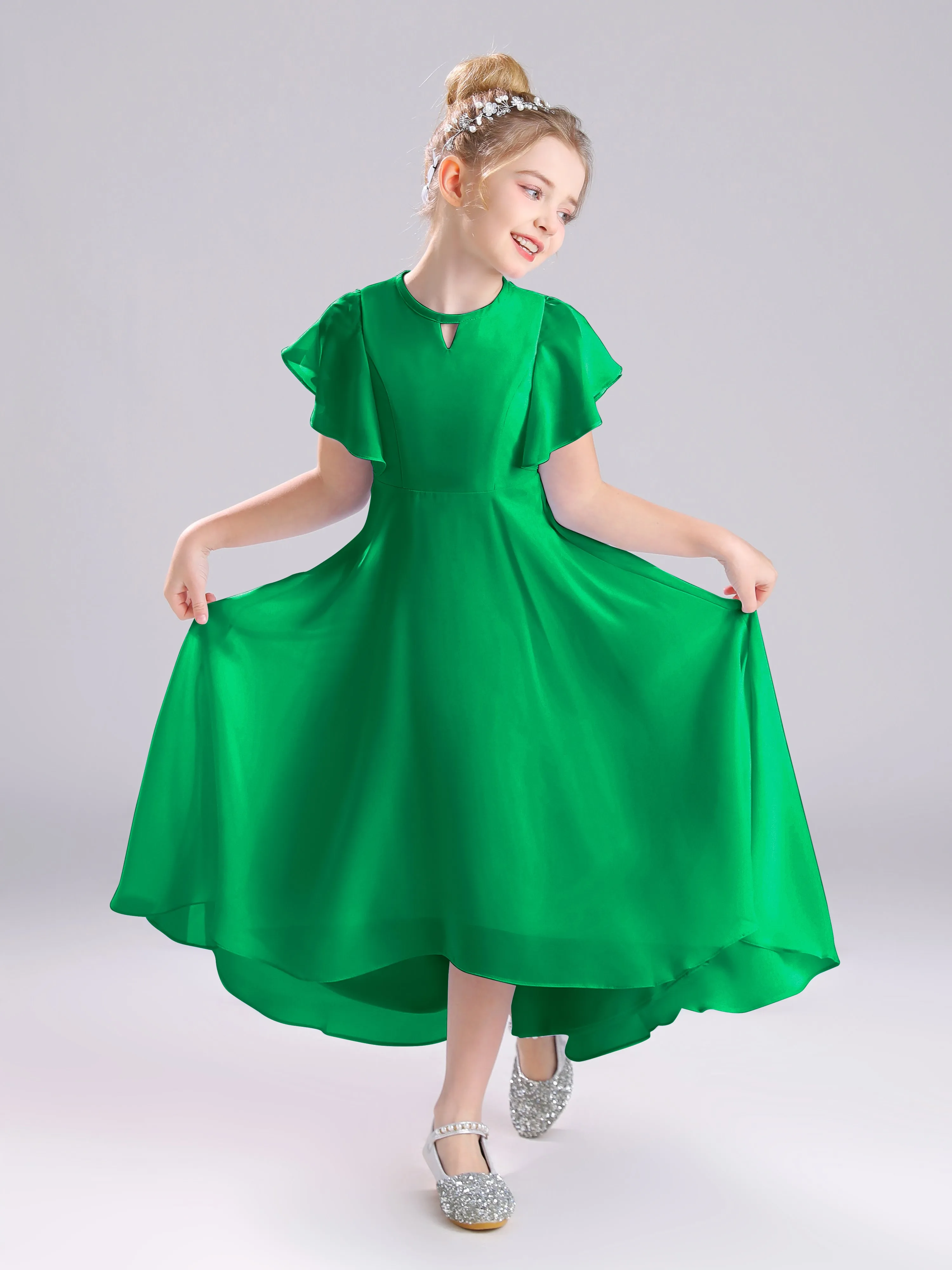 Ruffles Sleeves A-Line Long Chiffon Junior Bridesmaid Dresses