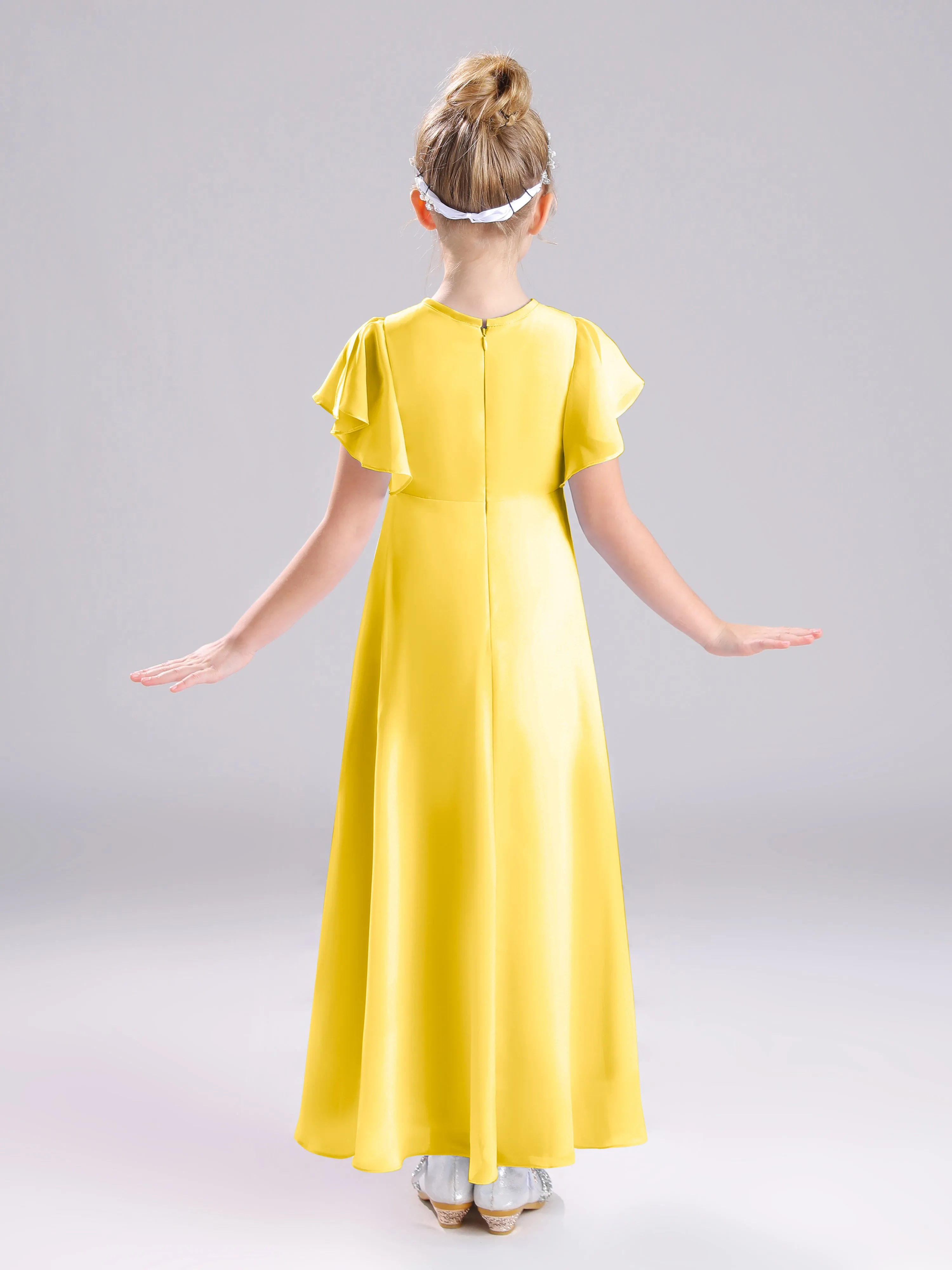 Ruffles Sleeves A-Line Long Chiffon Junior Bridesmaid Dresses