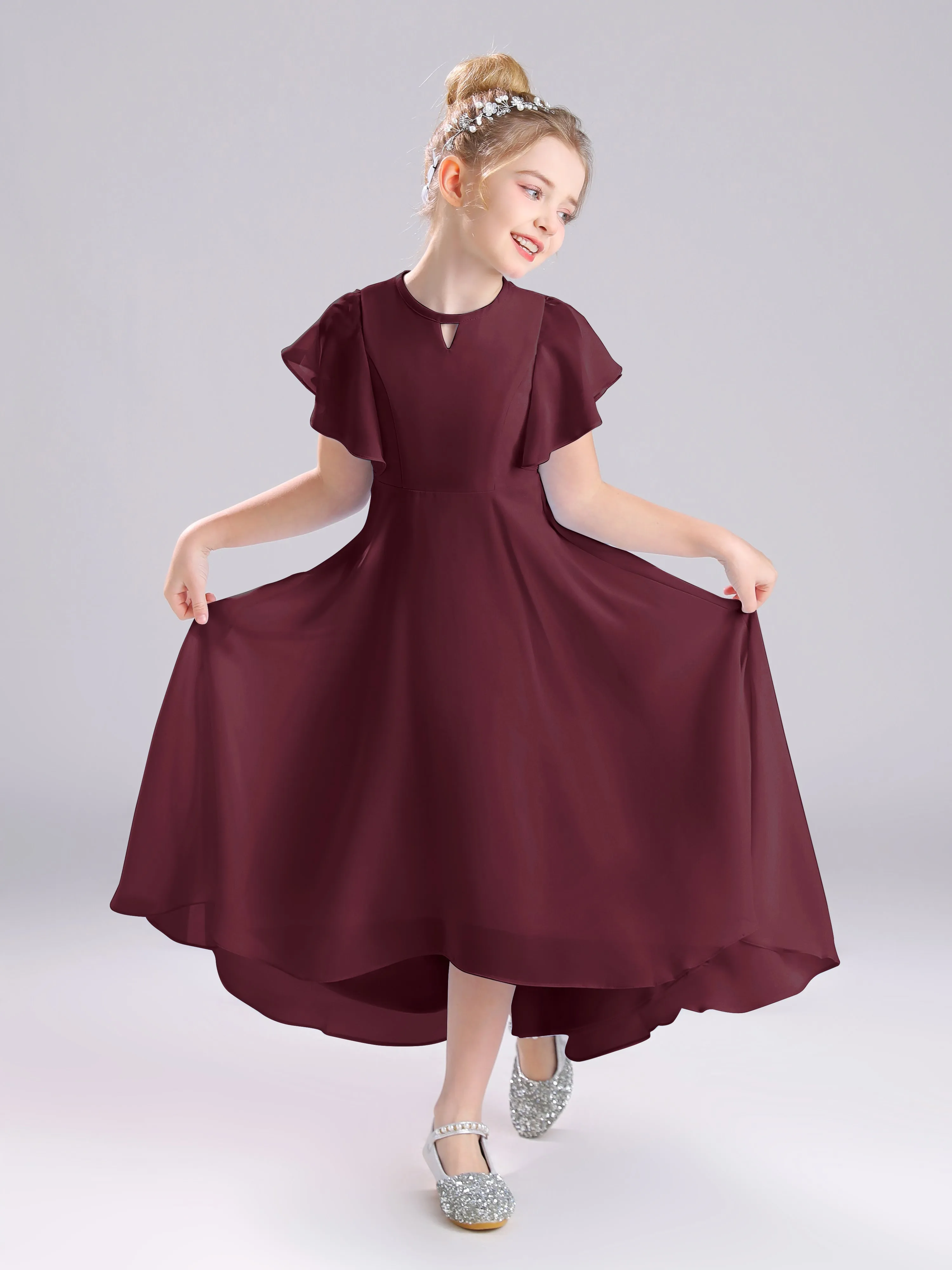 Ruffles Sleeves A-Line Long Chiffon Junior Bridesmaid Dresses