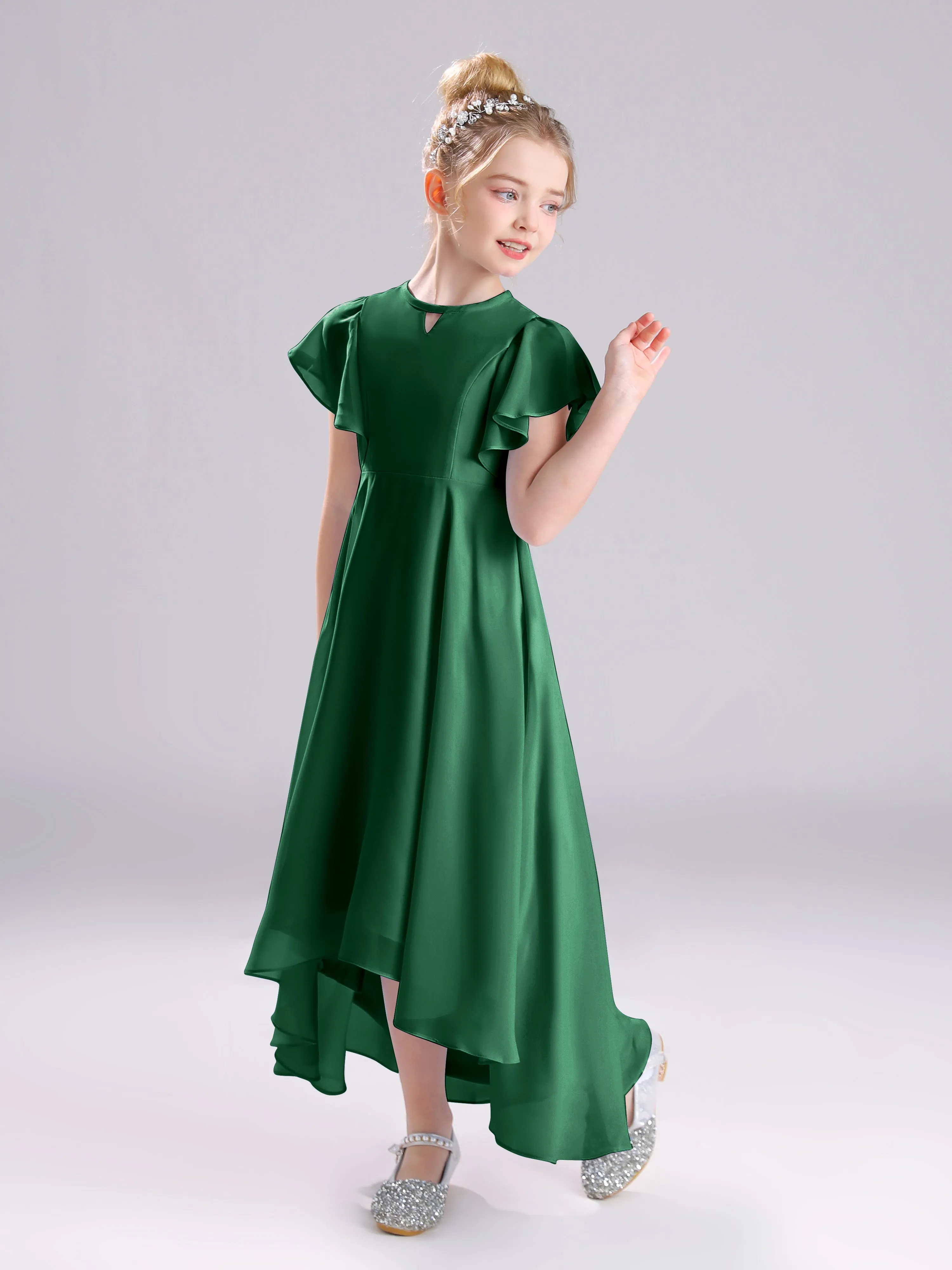 Ruffles Sleeves A-Line Long Chiffon Junior Bridesmaid Dresses