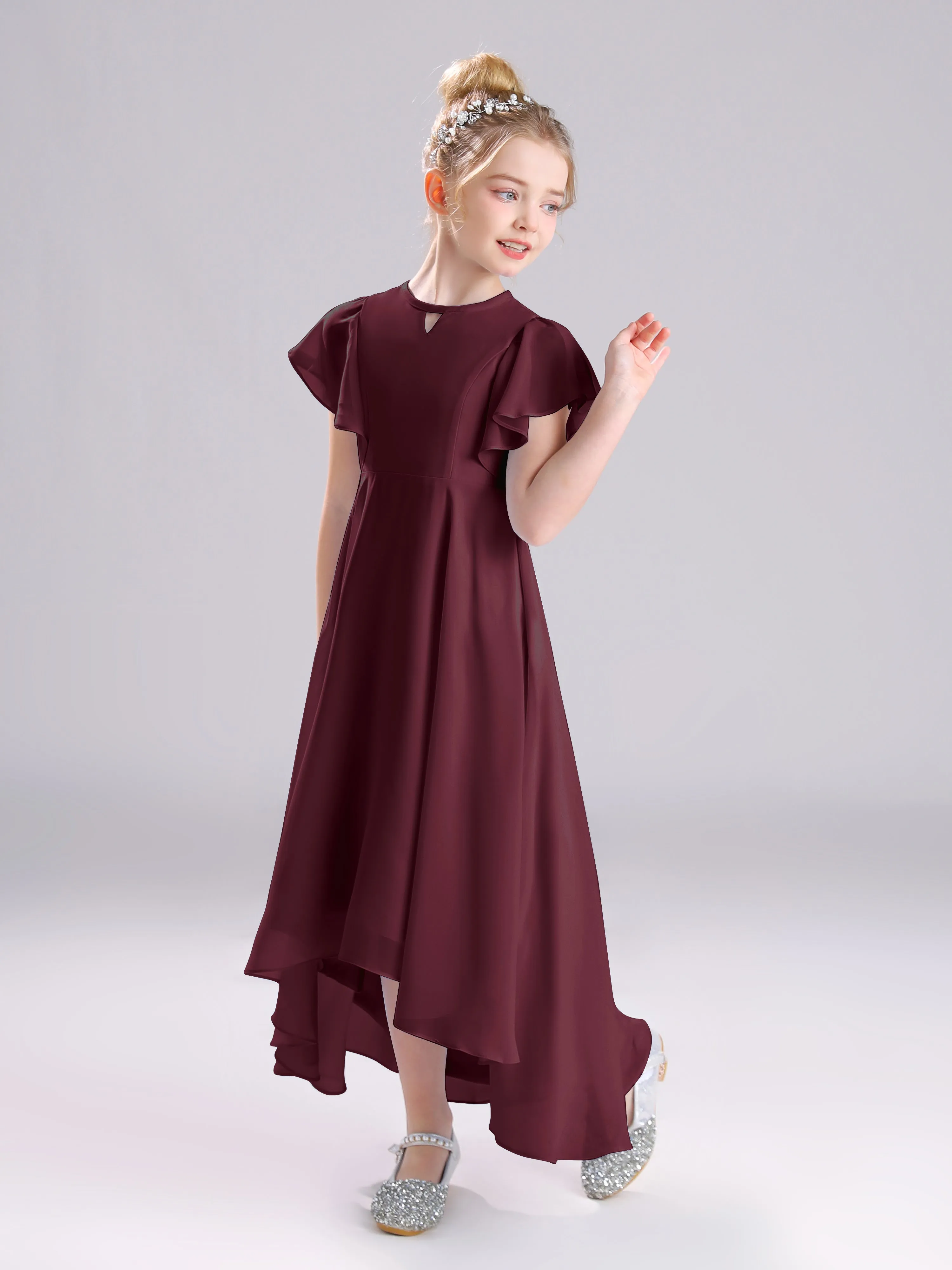 Ruffles Sleeves A-Line Long Chiffon Junior Bridesmaid Dresses