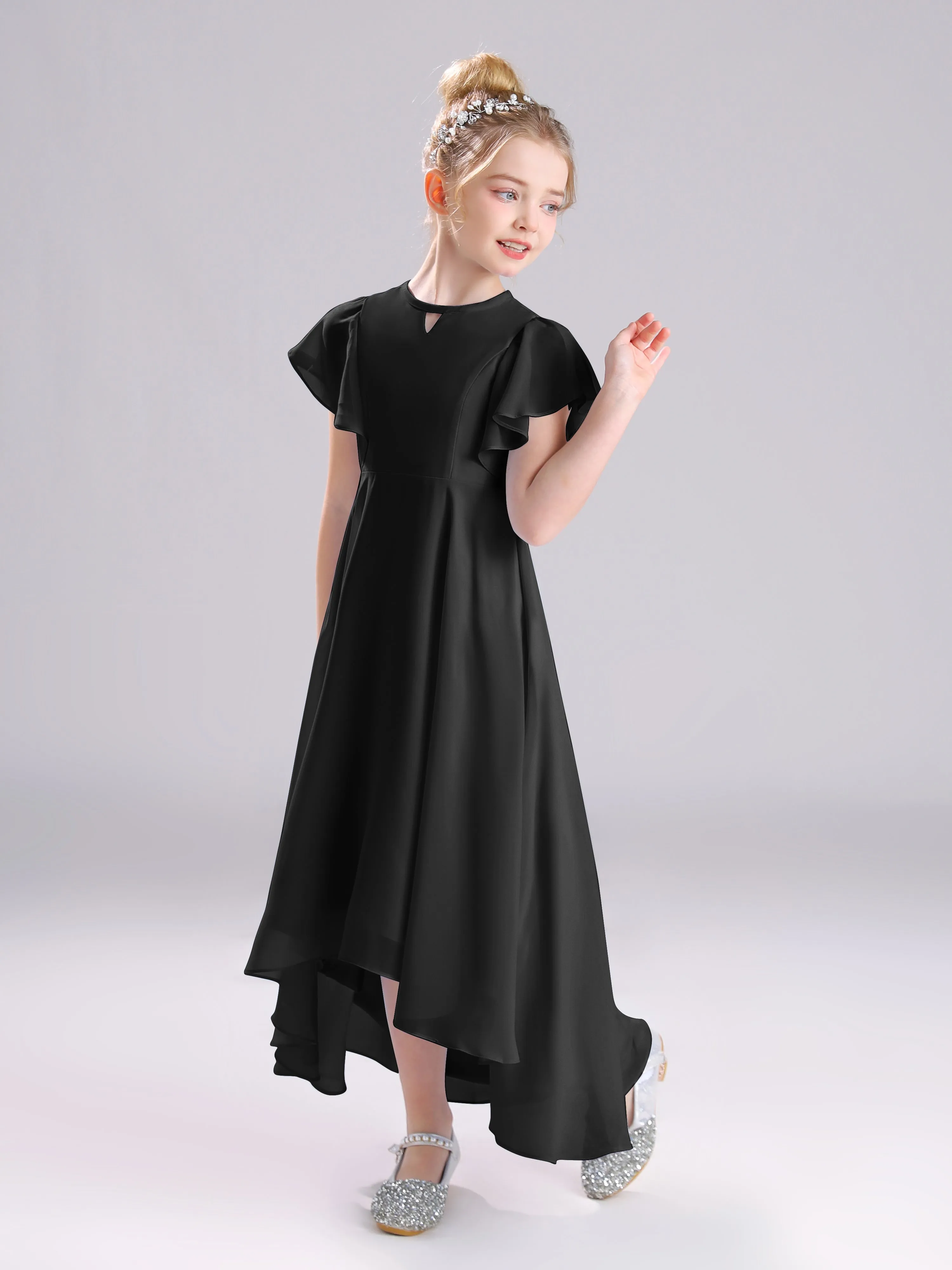 Ruffles Sleeves A-Line Long Chiffon Junior Bridesmaid Dresses