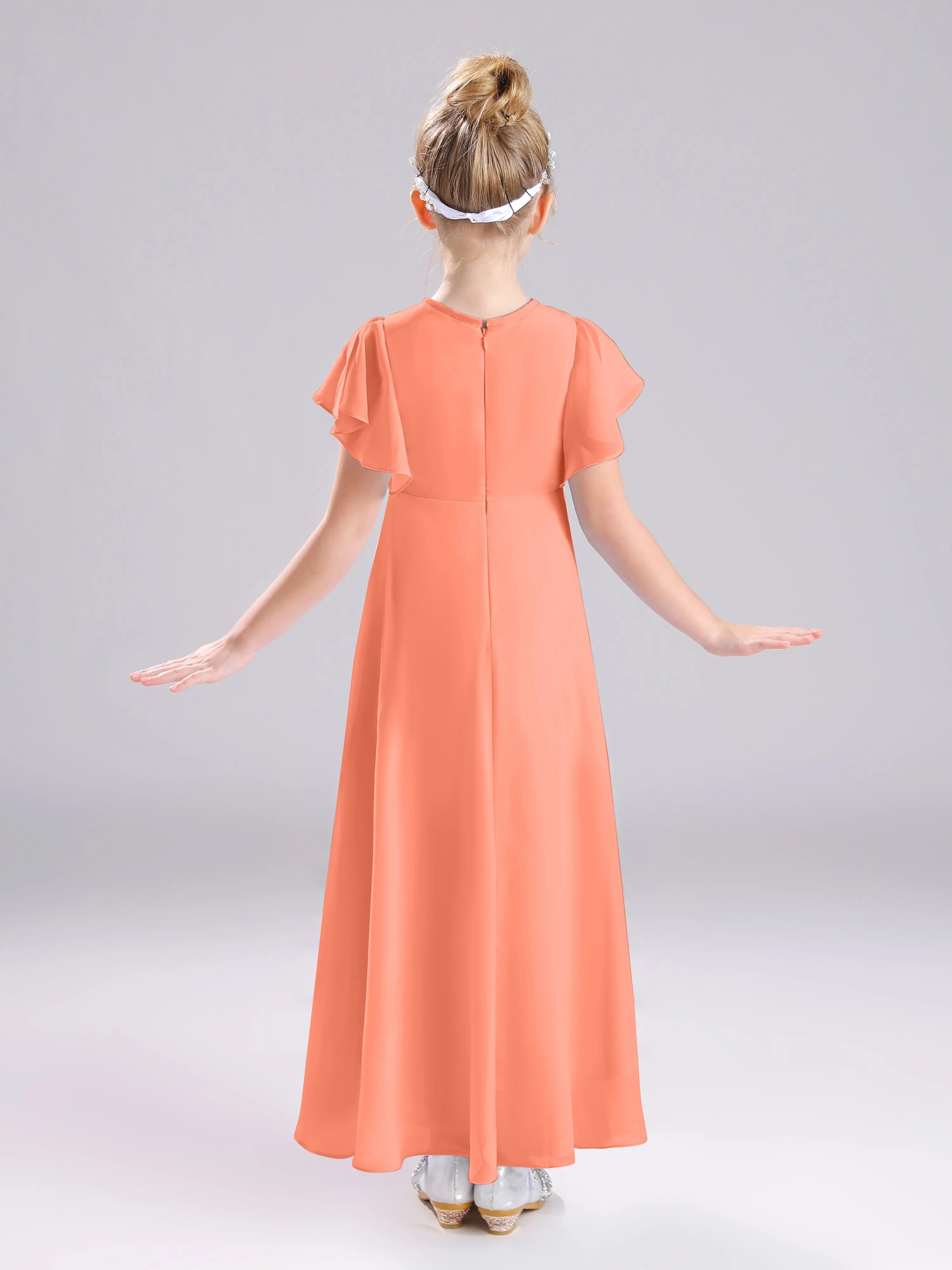 Ruffles Sleeves A-Line Long Chiffon Junior Bridesmaid Dresses