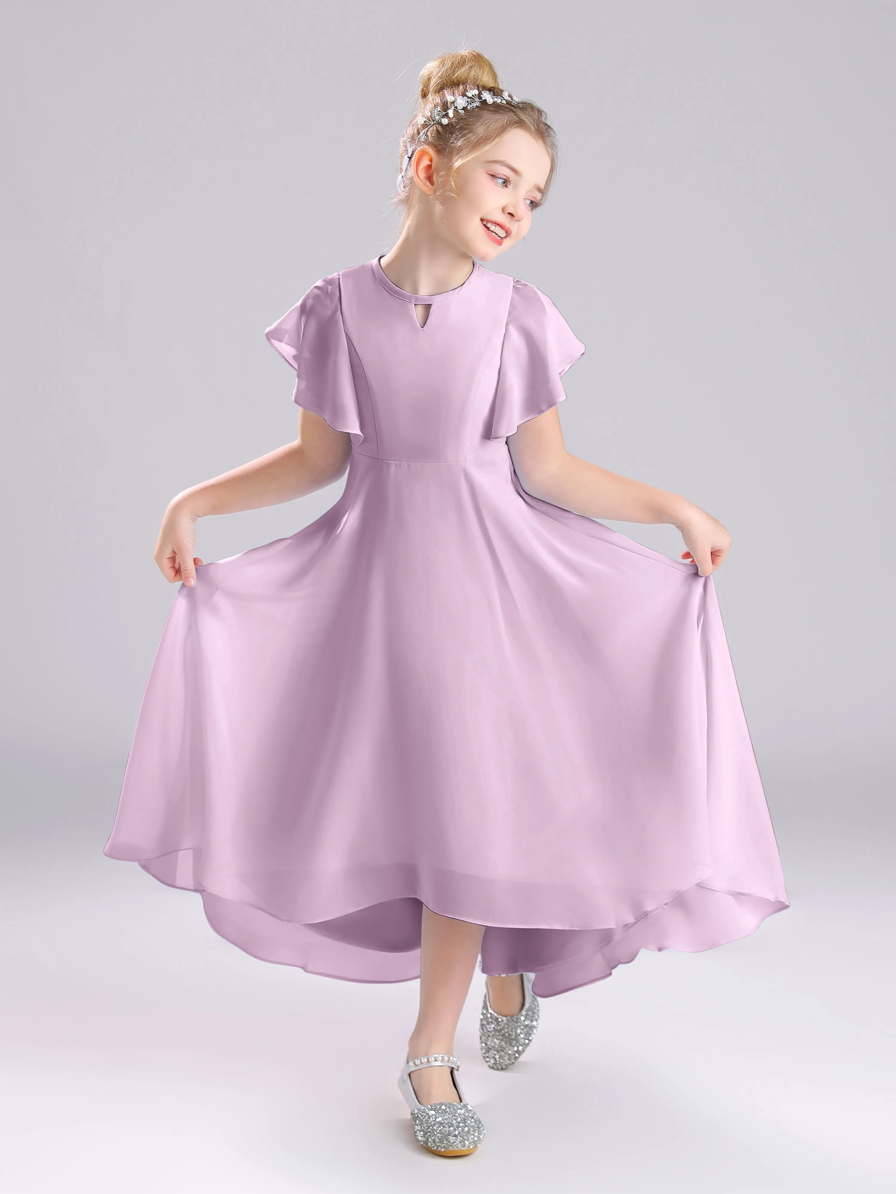 Ruffles Sleeves A-Line Long Chiffon Junior Bridesmaid Dresses