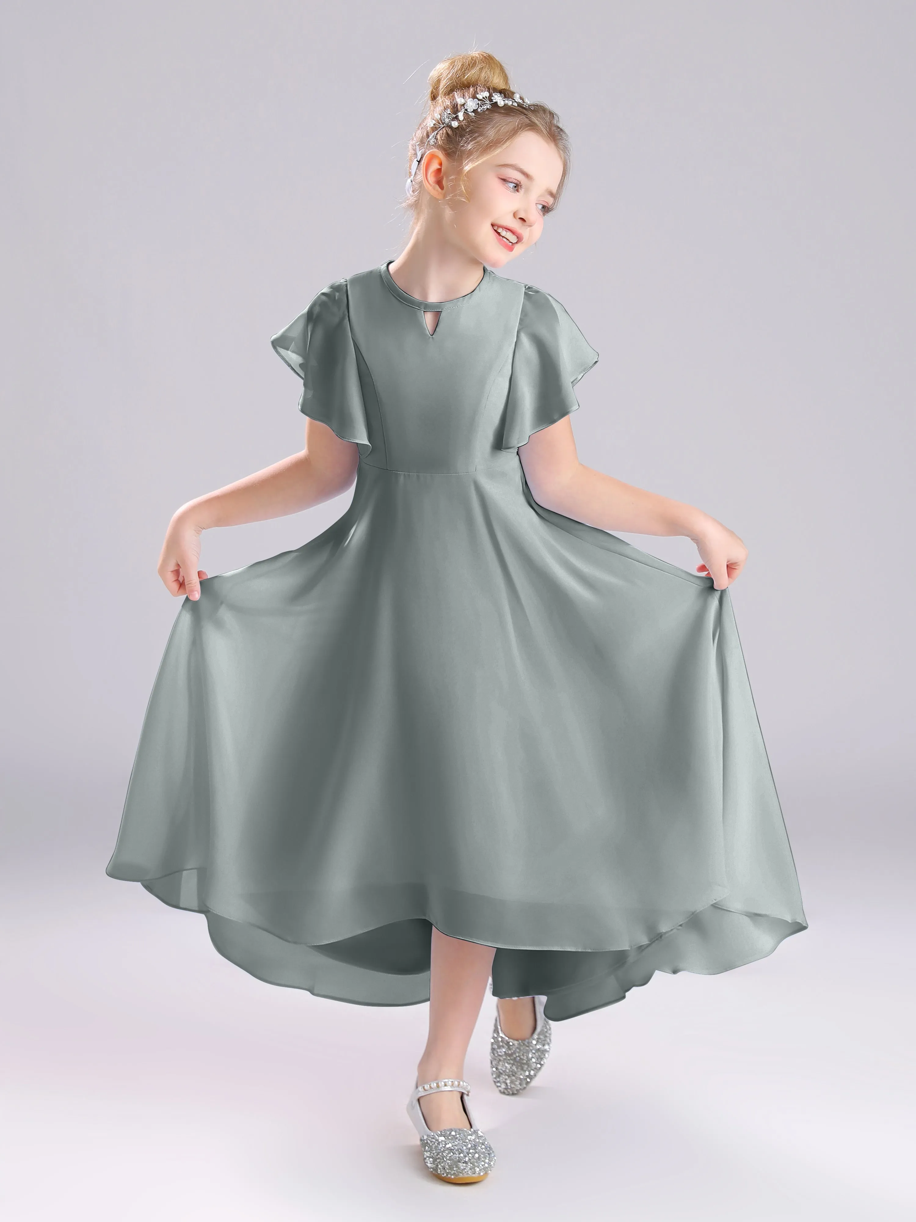 Ruffles Sleeves A-Line Long Chiffon Junior Bridesmaid Dresses