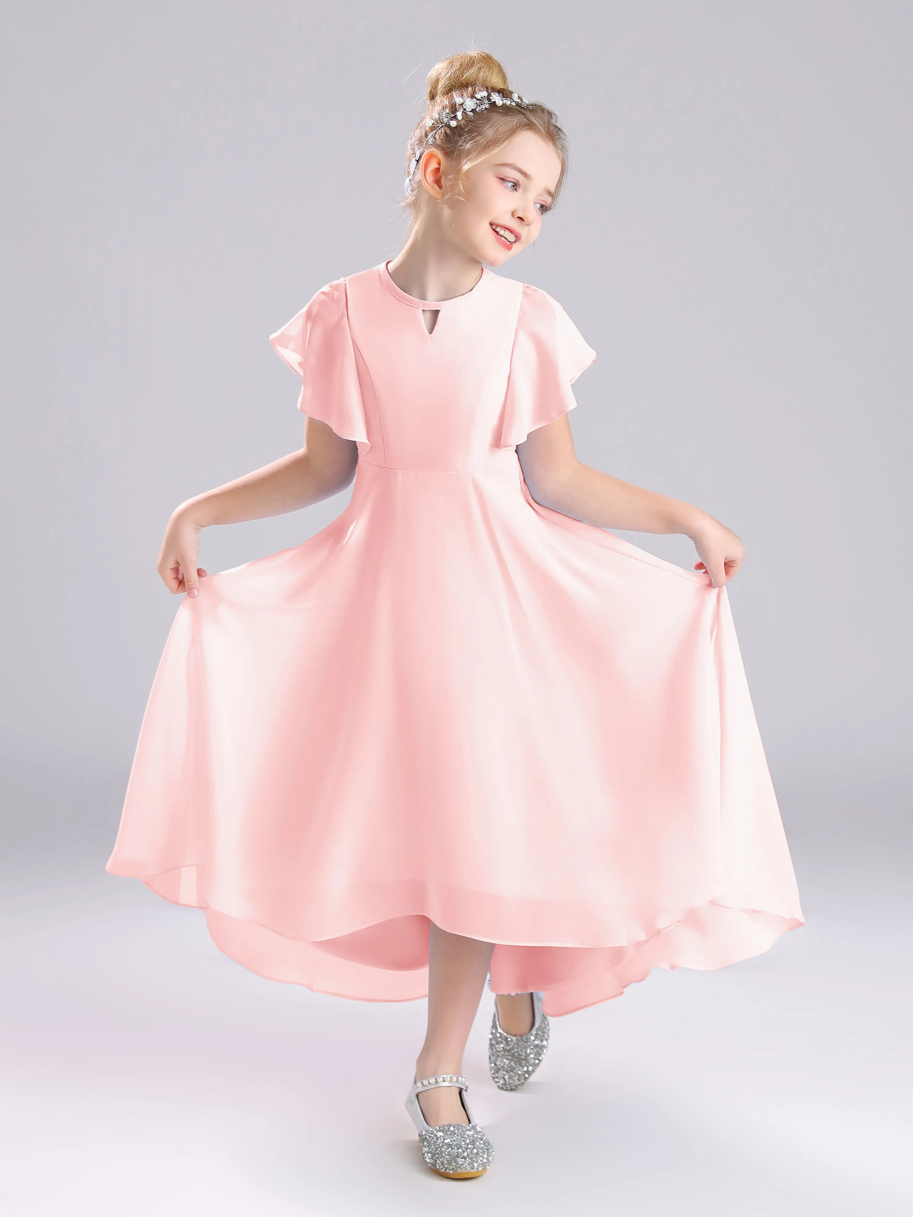 Ruffles Sleeves A-Line Long Chiffon Junior Bridesmaid Dresses
