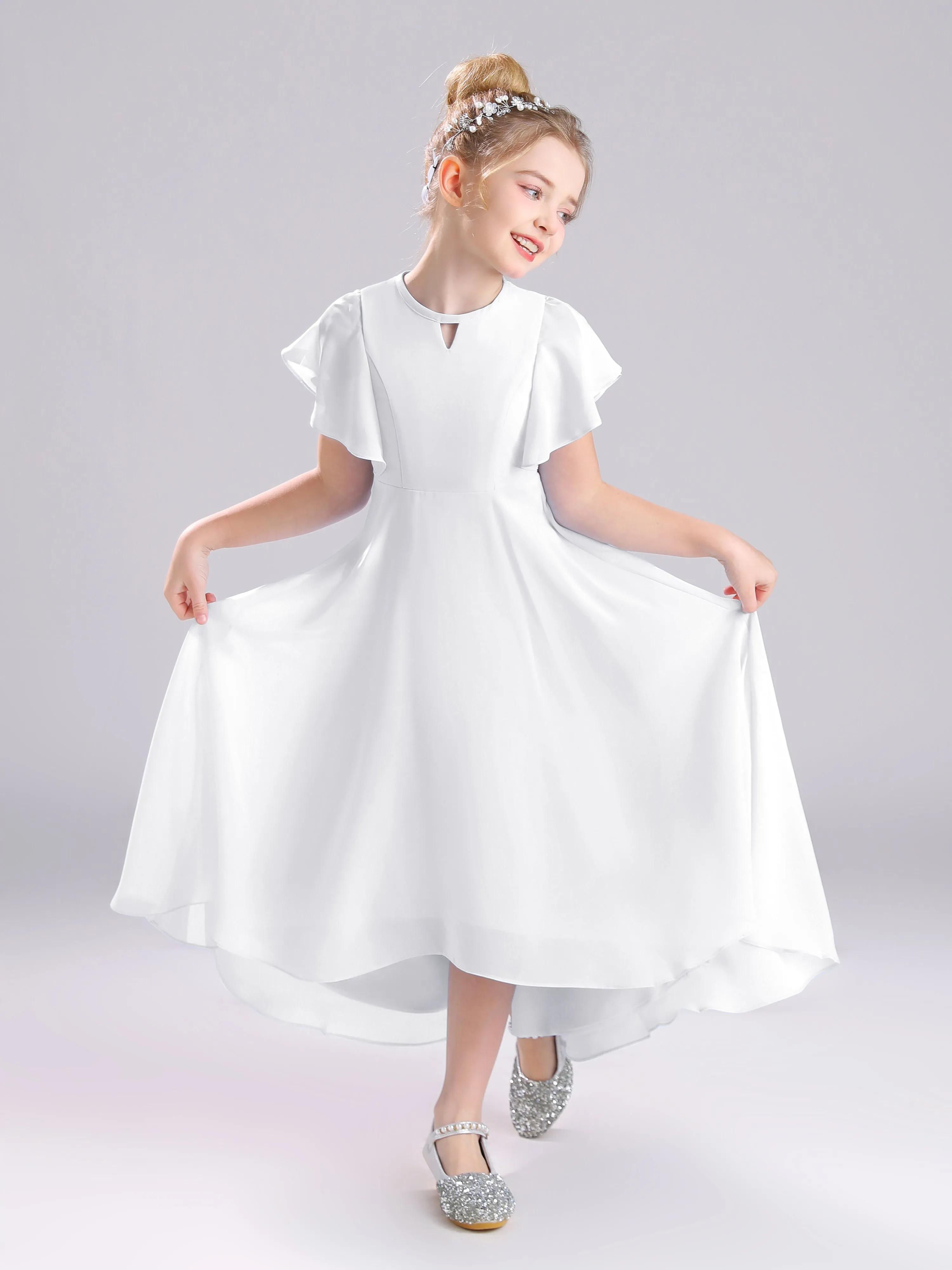 Ruffles Sleeves A-Line Long Chiffon Junior Bridesmaid Dresses