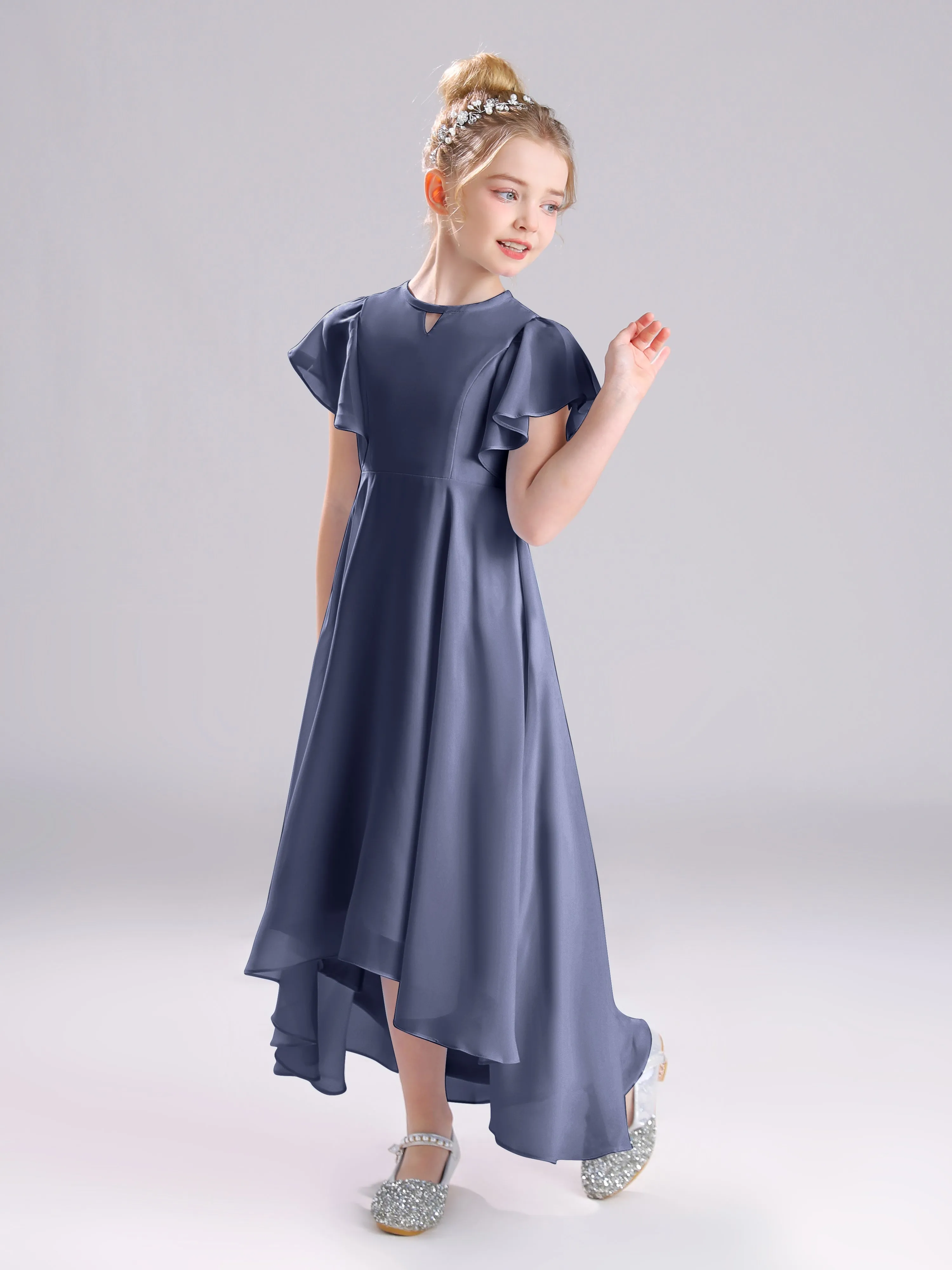 Ruffles Sleeves A-Line Long Chiffon Junior Bridesmaid Dresses