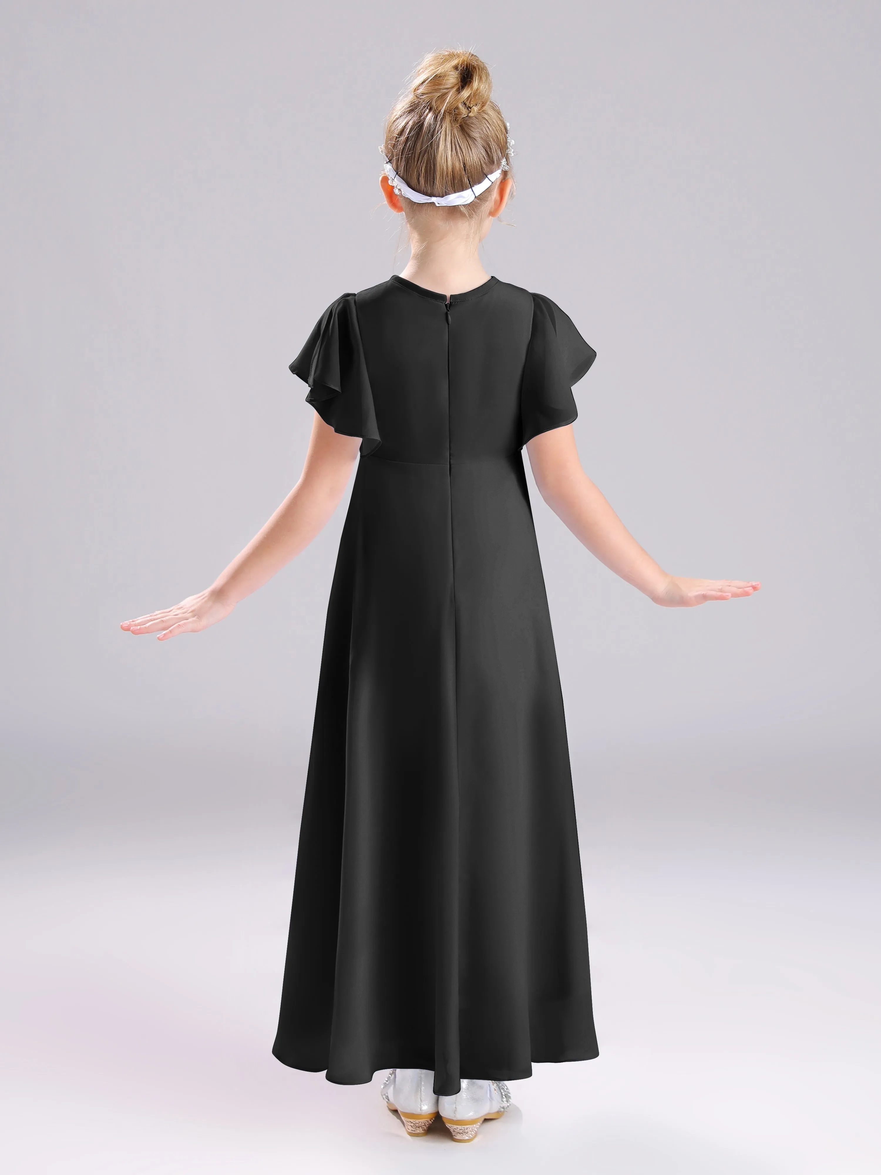 Ruffles Sleeves A-Line Long Chiffon Junior Bridesmaid Dresses