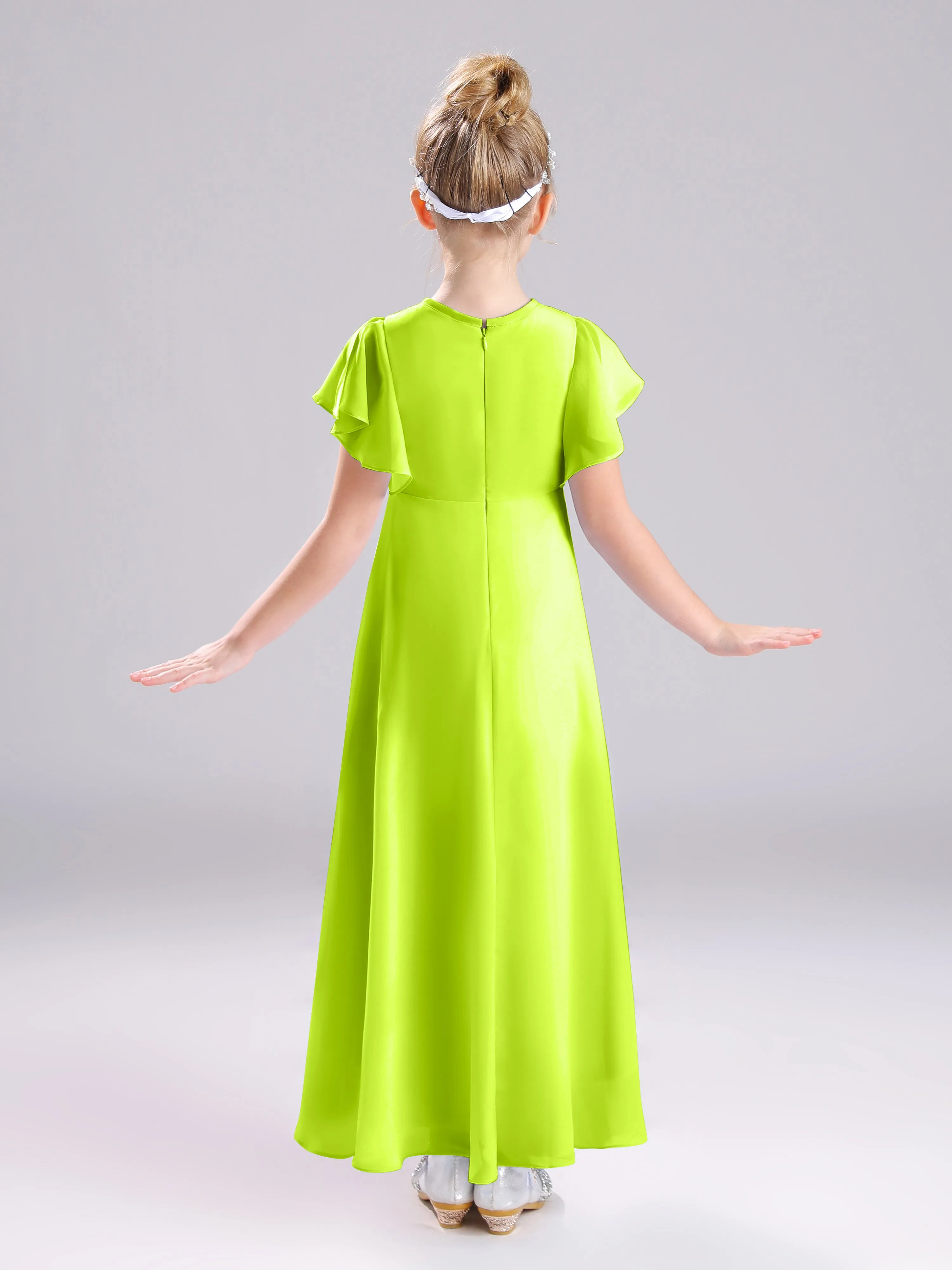 Ruffles Sleeves A-Line Long Chiffon Junior Bridesmaid Dresses
