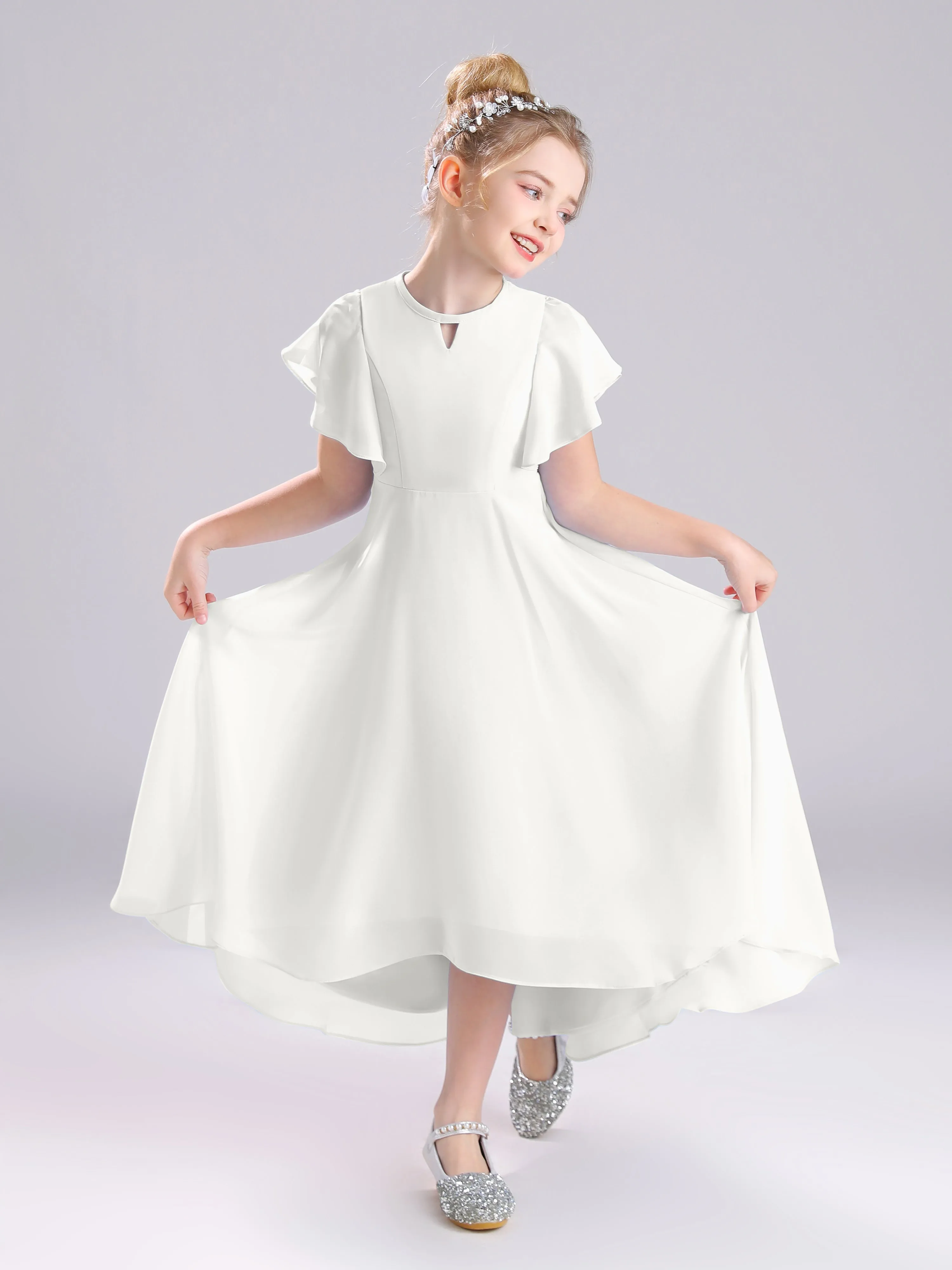 Ruffles Sleeves A-Line Long Chiffon Junior Bridesmaid Dresses