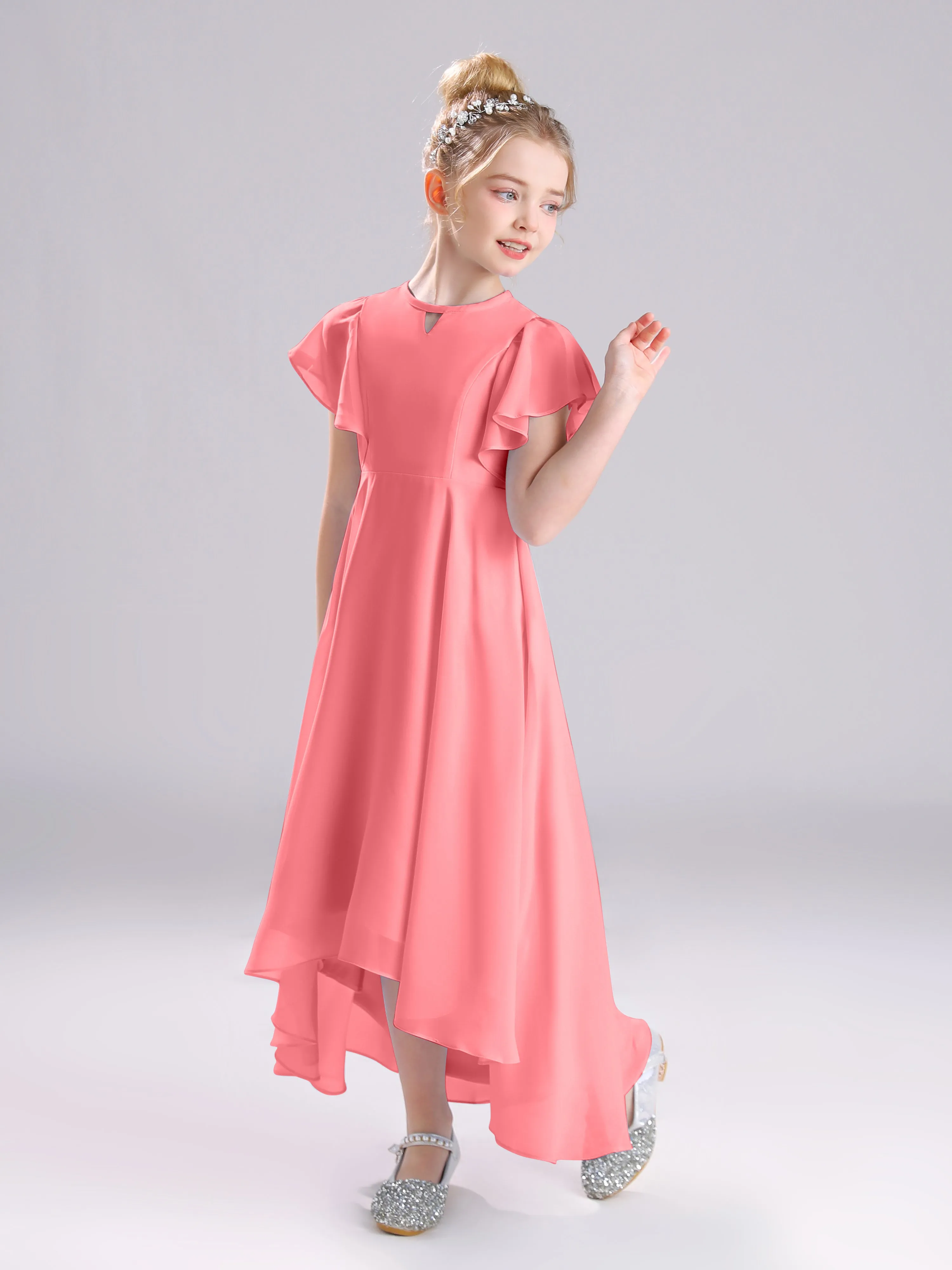 Ruffles Sleeves A-Line Long Chiffon Junior Bridesmaid Dresses