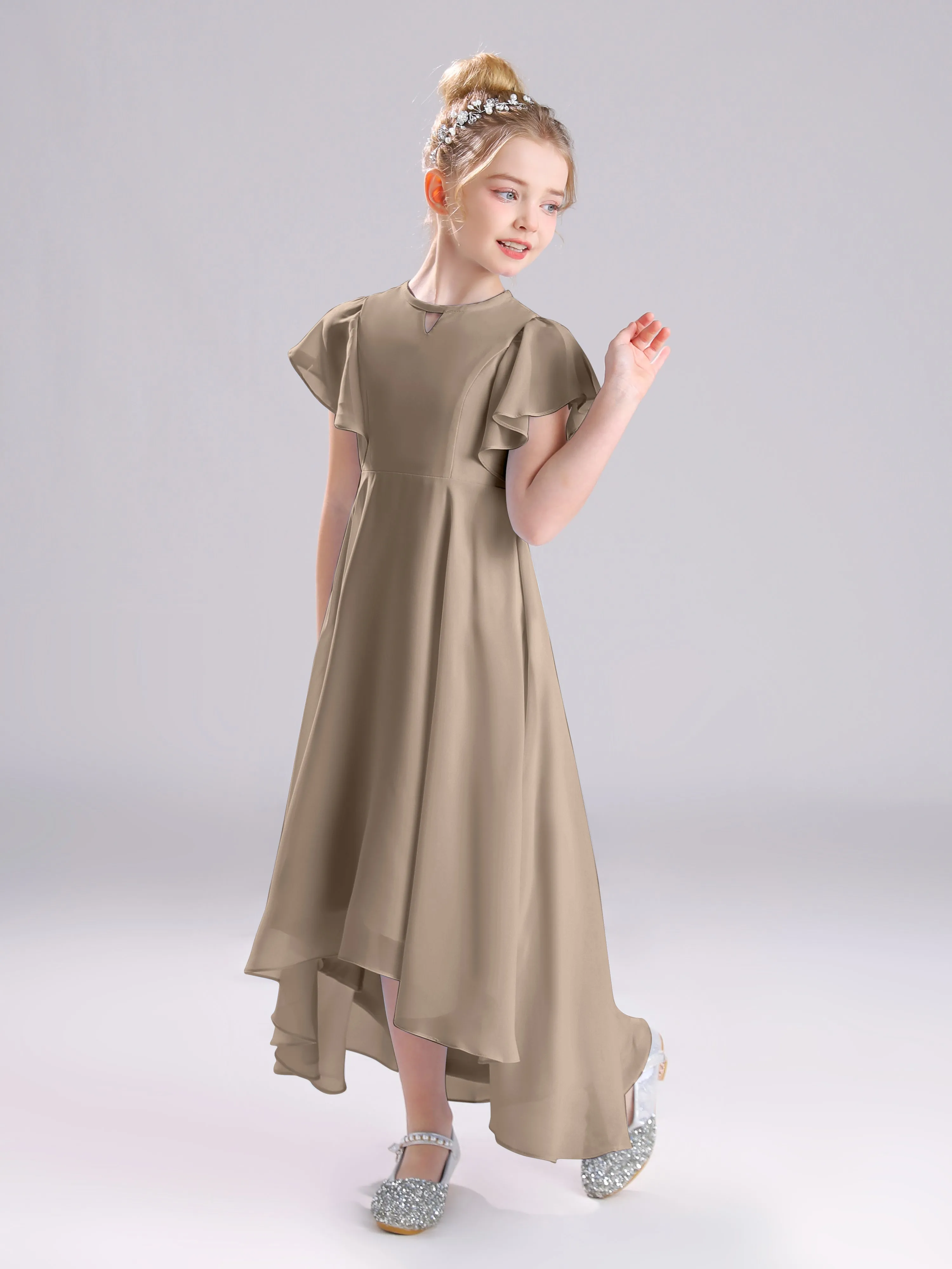 Ruffles Sleeves A-Line Long Chiffon Junior Bridesmaid Dresses