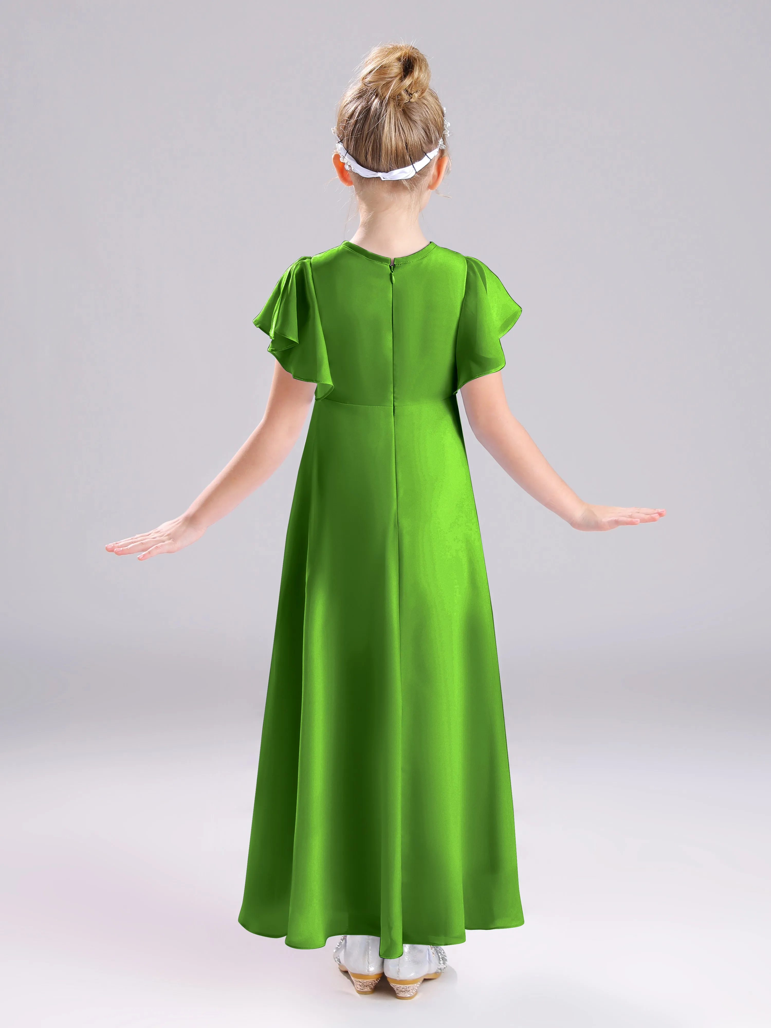 Ruffles Sleeves A-Line Long Chiffon Junior Bridesmaid Dresses
