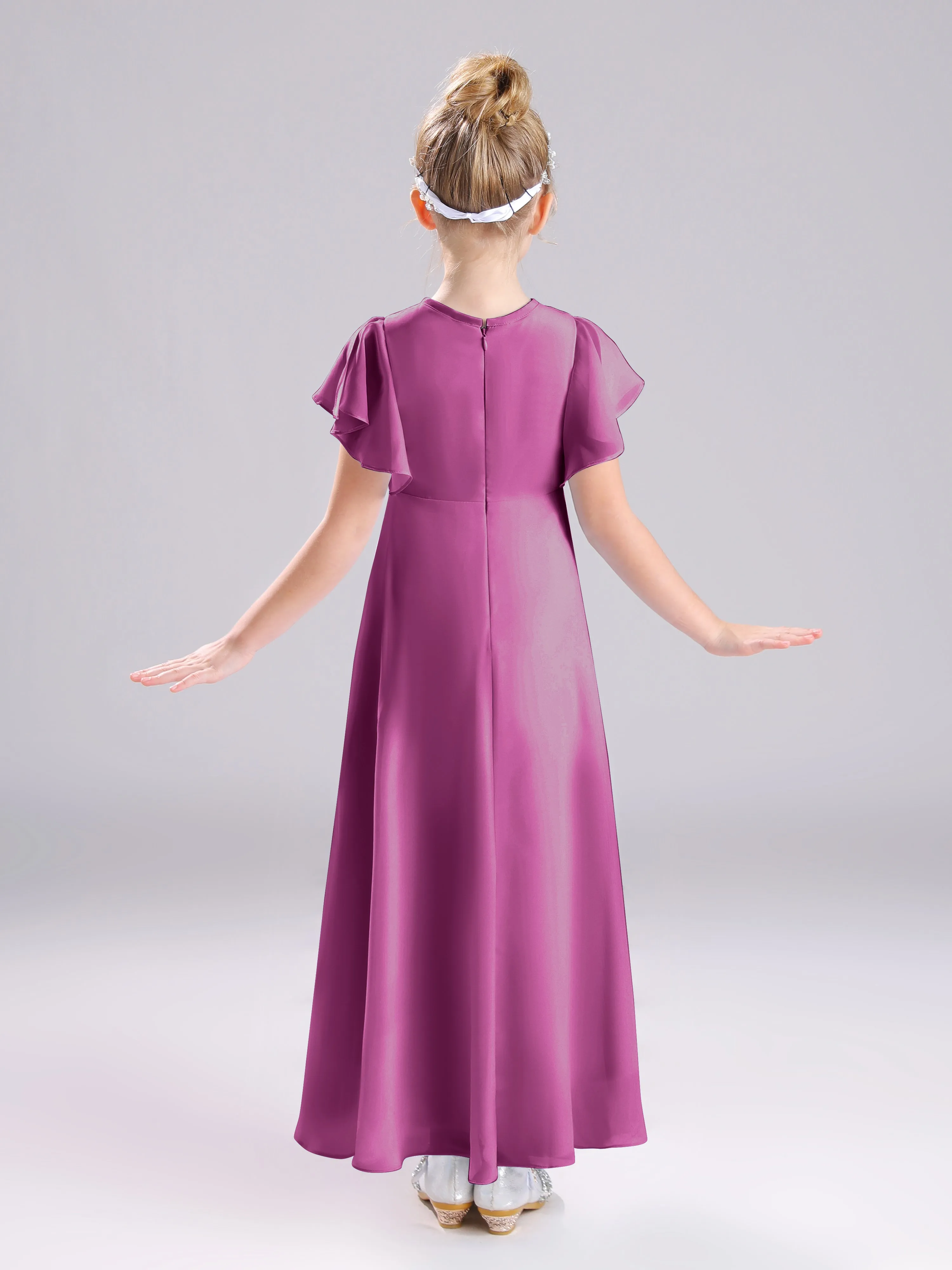 Ruffles Sleeves A-Line Long Chiffon Junior Bridesmaid Dresses