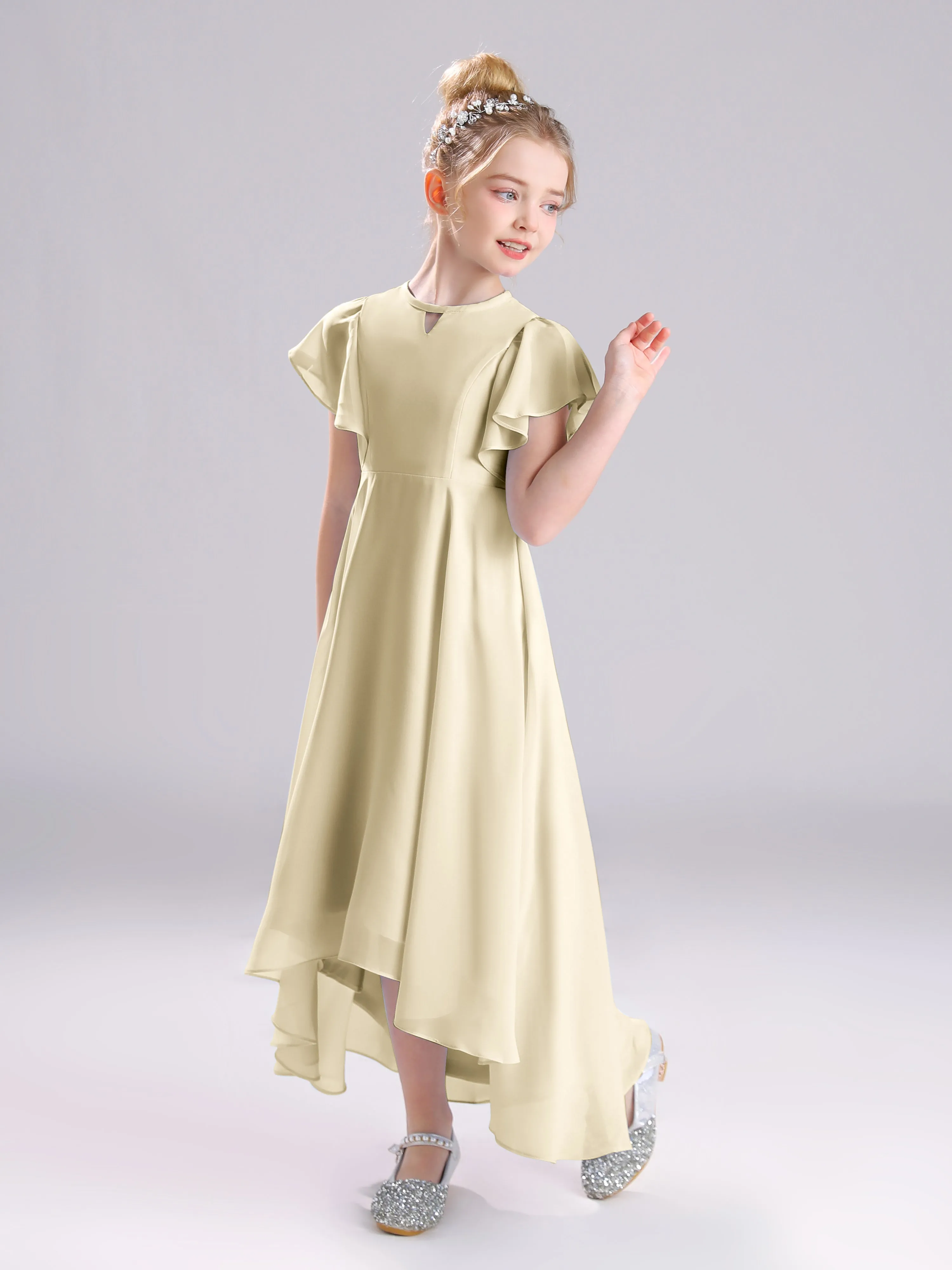Ruffles Sleeves A-Line Long Chiffon Junior Bridesmaid Dresses