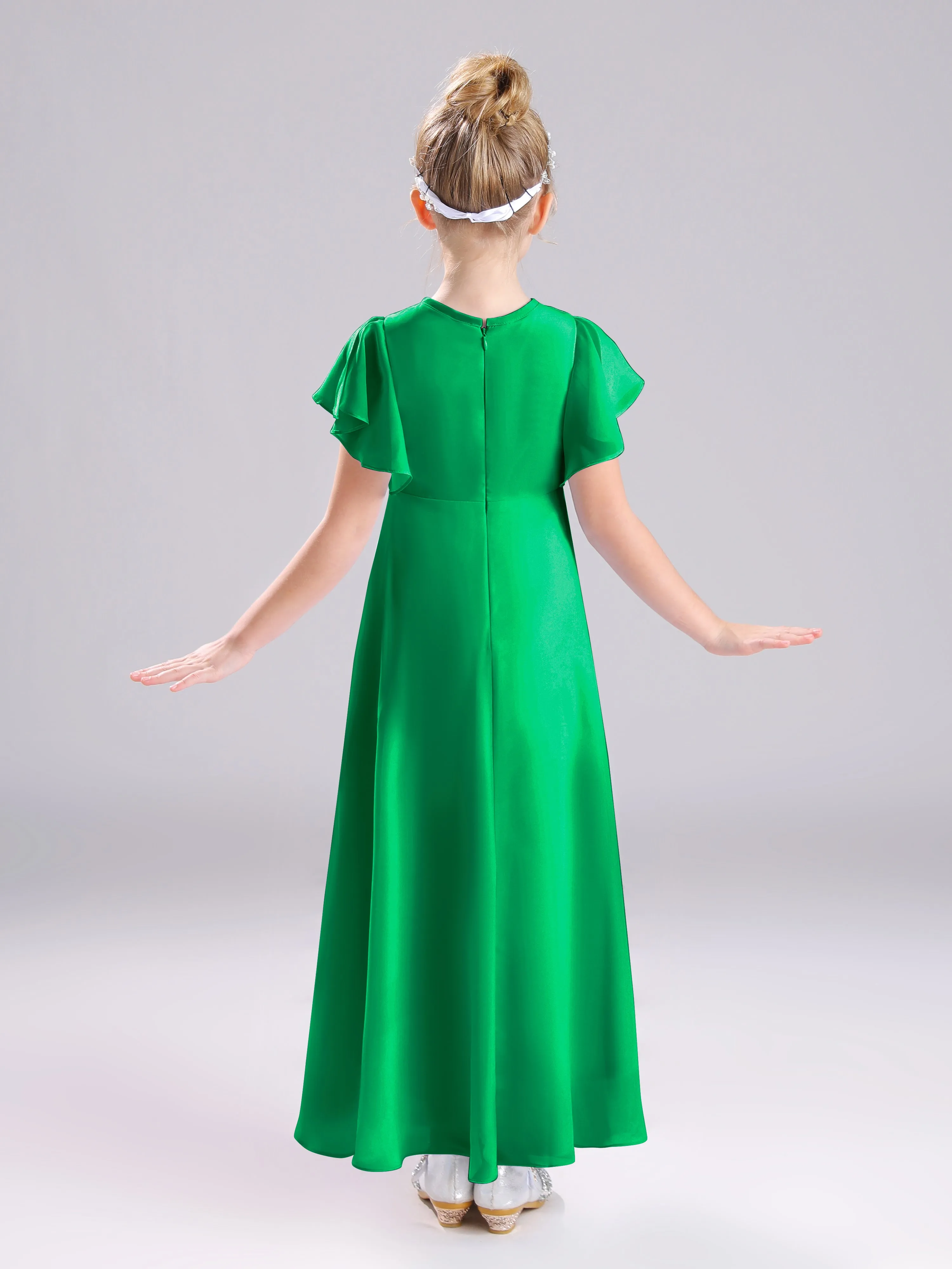 Ruffles Sleeves A-Line Long Chiffon Junior Bridesmaid Dresses