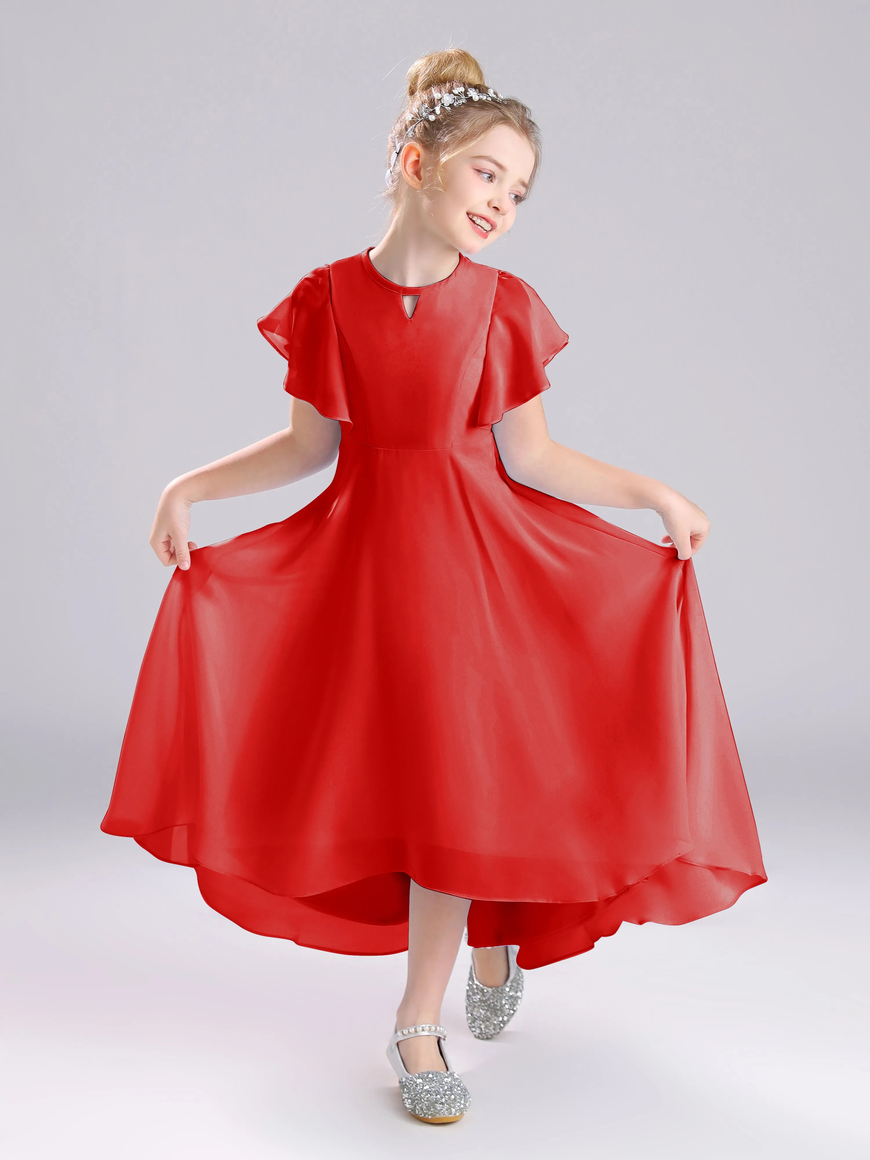 Ruffles Sleeves A-Line Long Chiffon Junior Bridesmaid Dresses