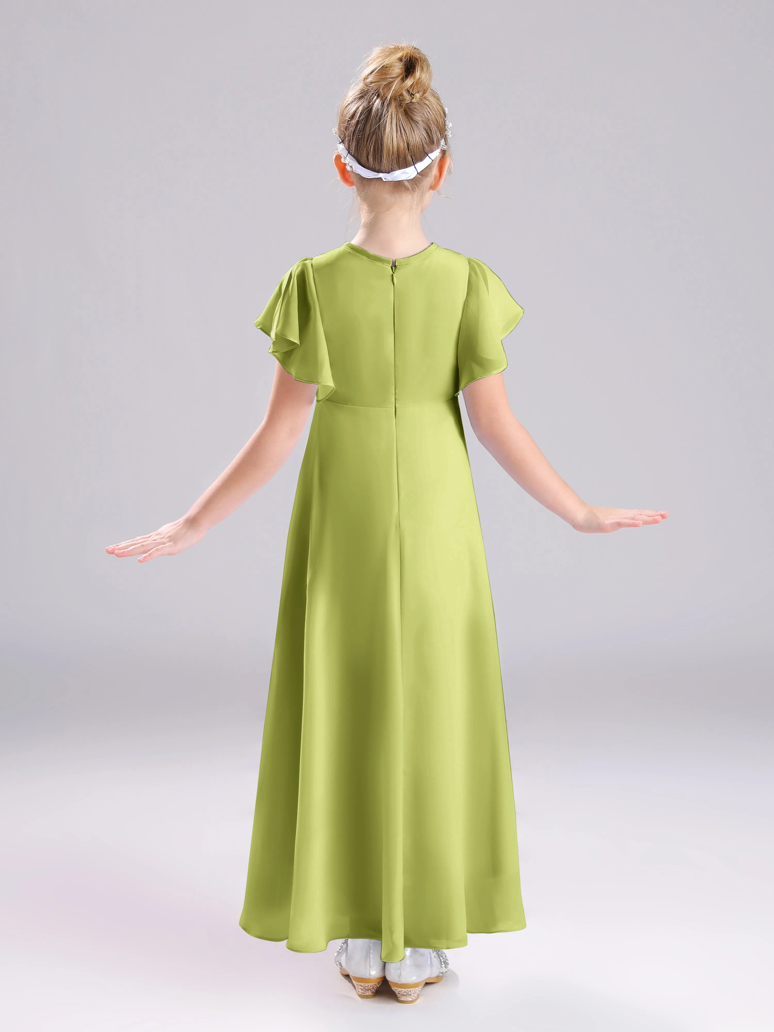 Ruffles Sleeves A-Line Long Chiffon Junior Bridesmaid Dresses