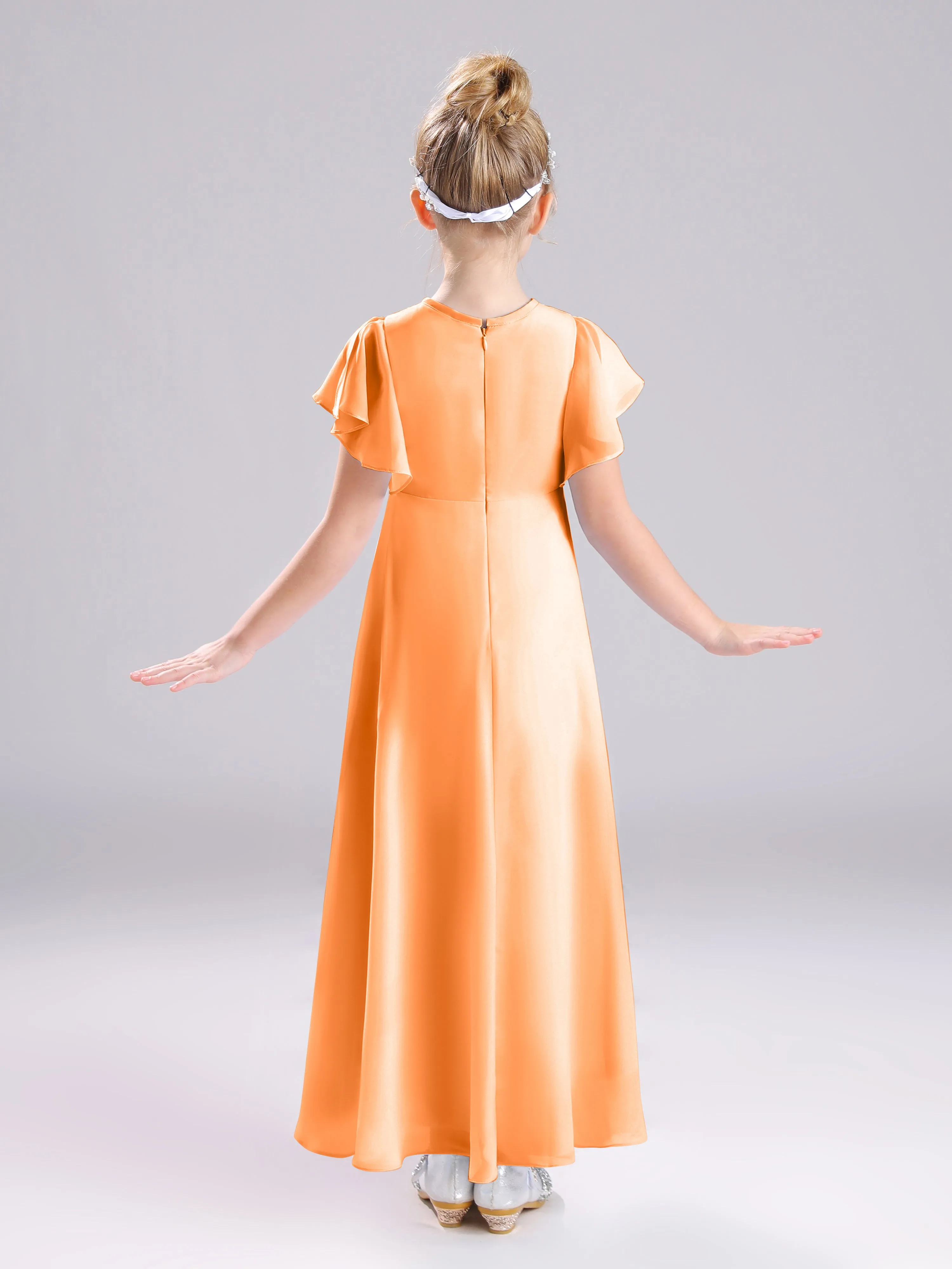 Ruffles Sleeves A-Line Long Chiffon Junior Bridesmaid Dresses