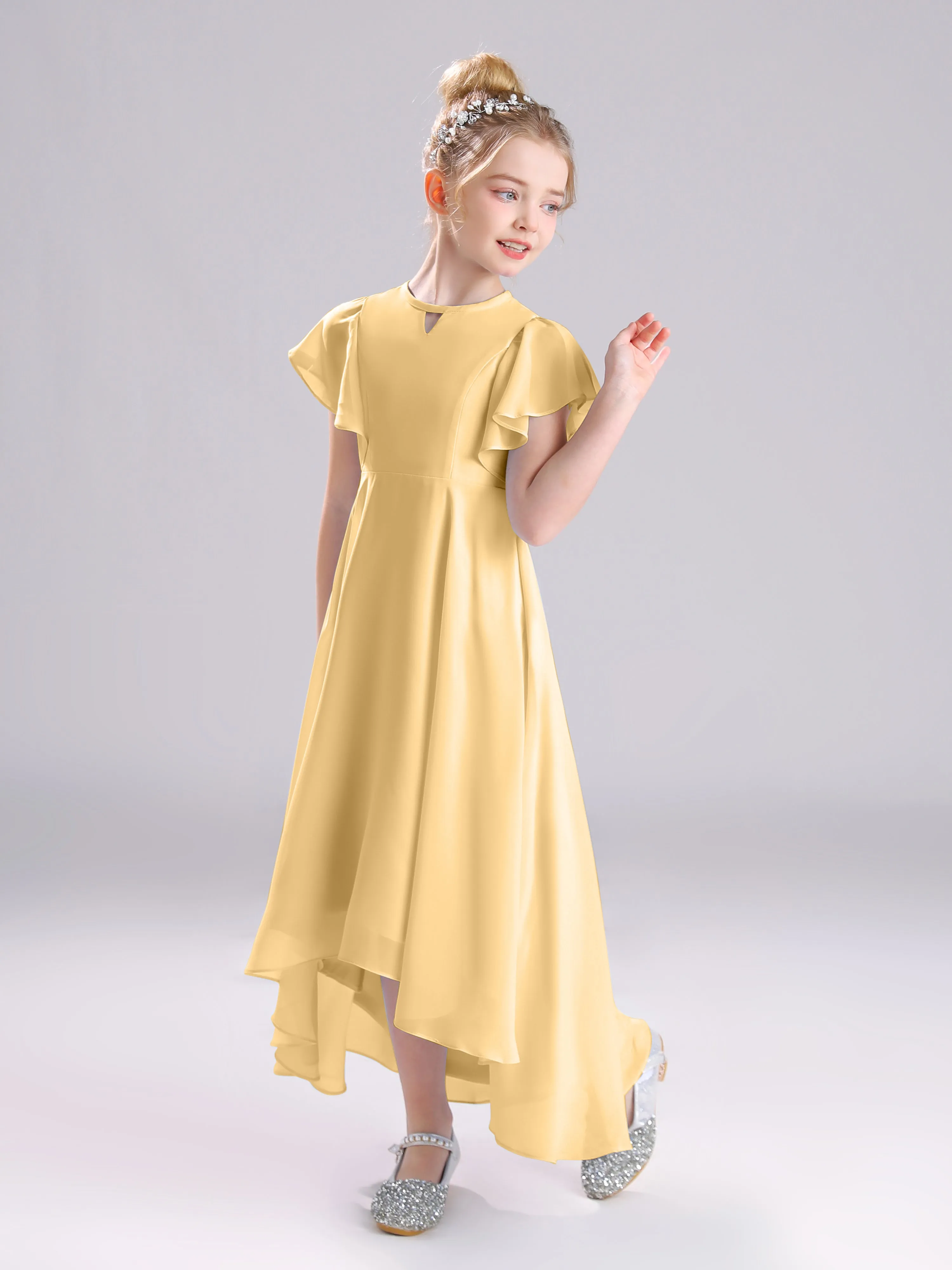 Ruffles Sleeves A-Line Long Chiffon Junior Bridesmaid Dresses
