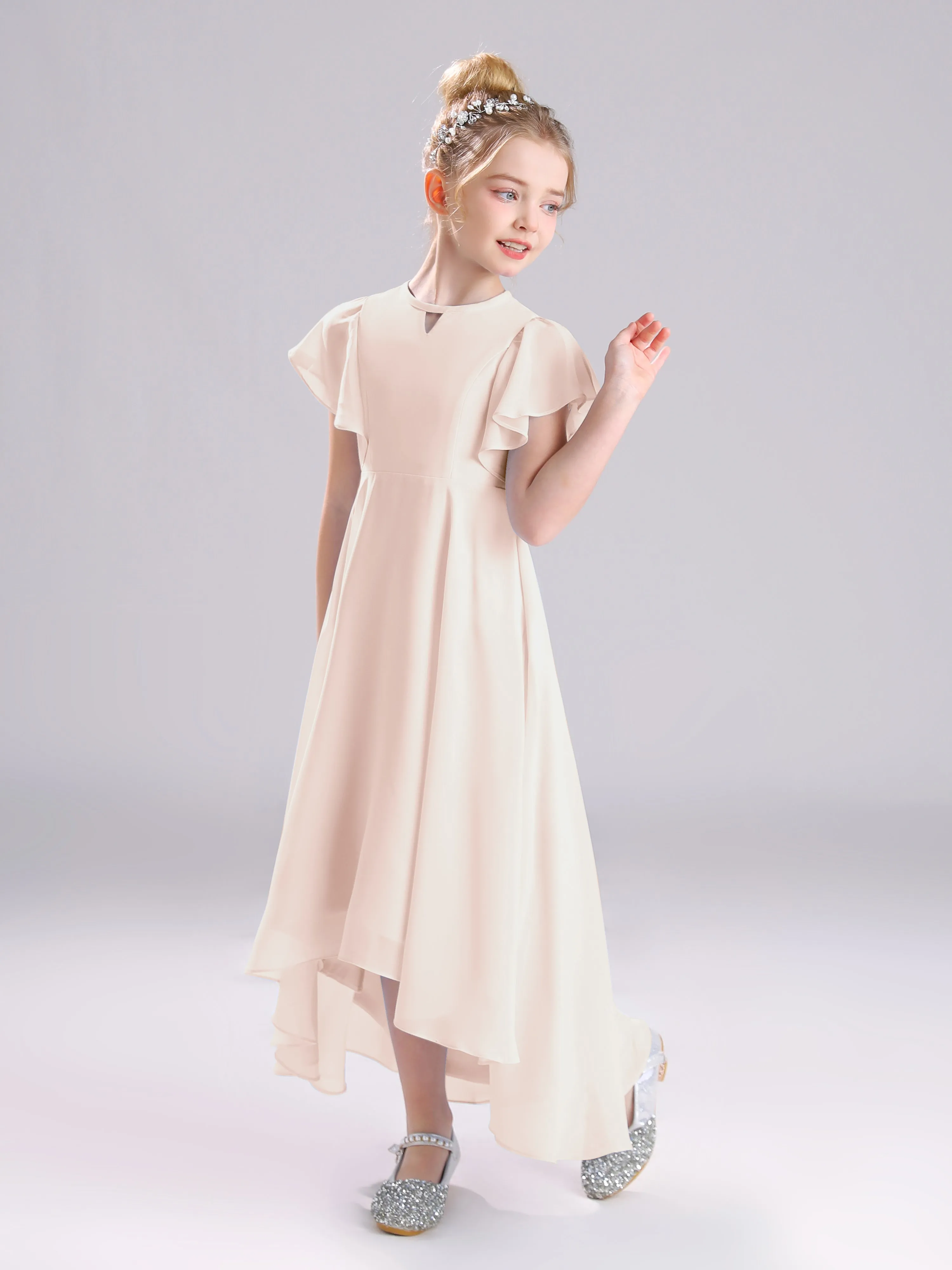 Ruffles Sleeves A-Line Long Chiffon Junior Bridesmaid Dresses