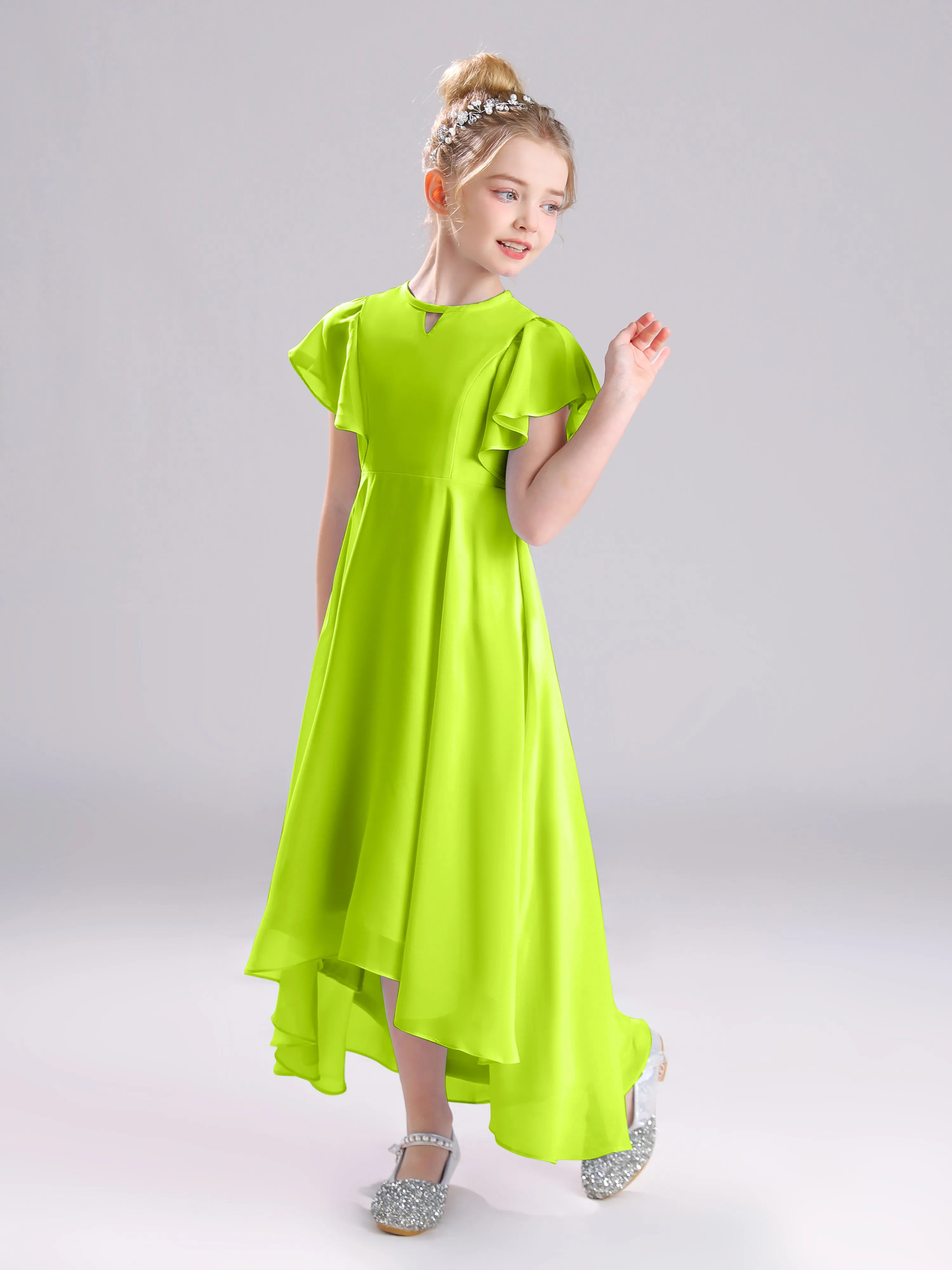 Ruffles Sleeves A-Line Long Chiffon Junior Bridesmaid Dresses