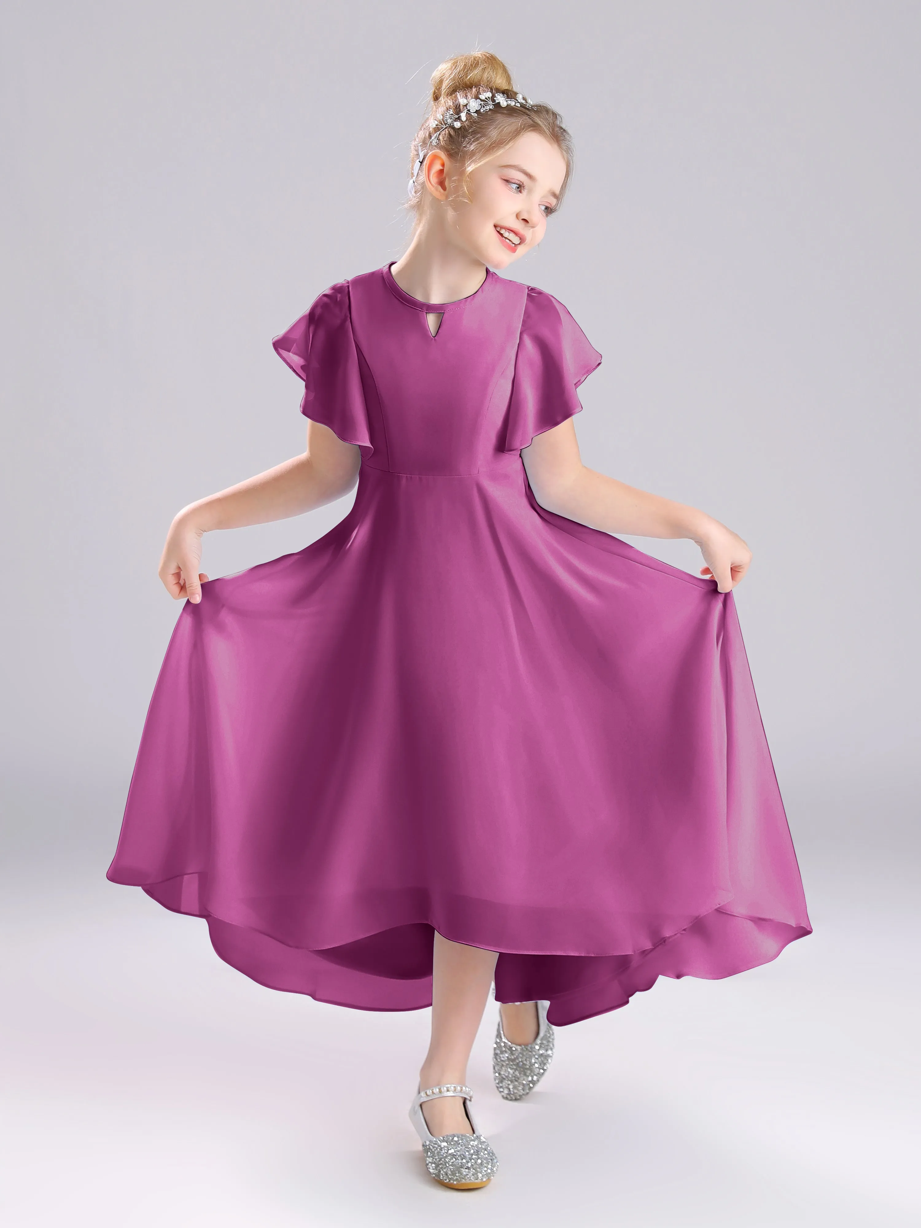 Ruffles Sleeves A-Line Long Chiffon Junior Bridesmaid Dresses