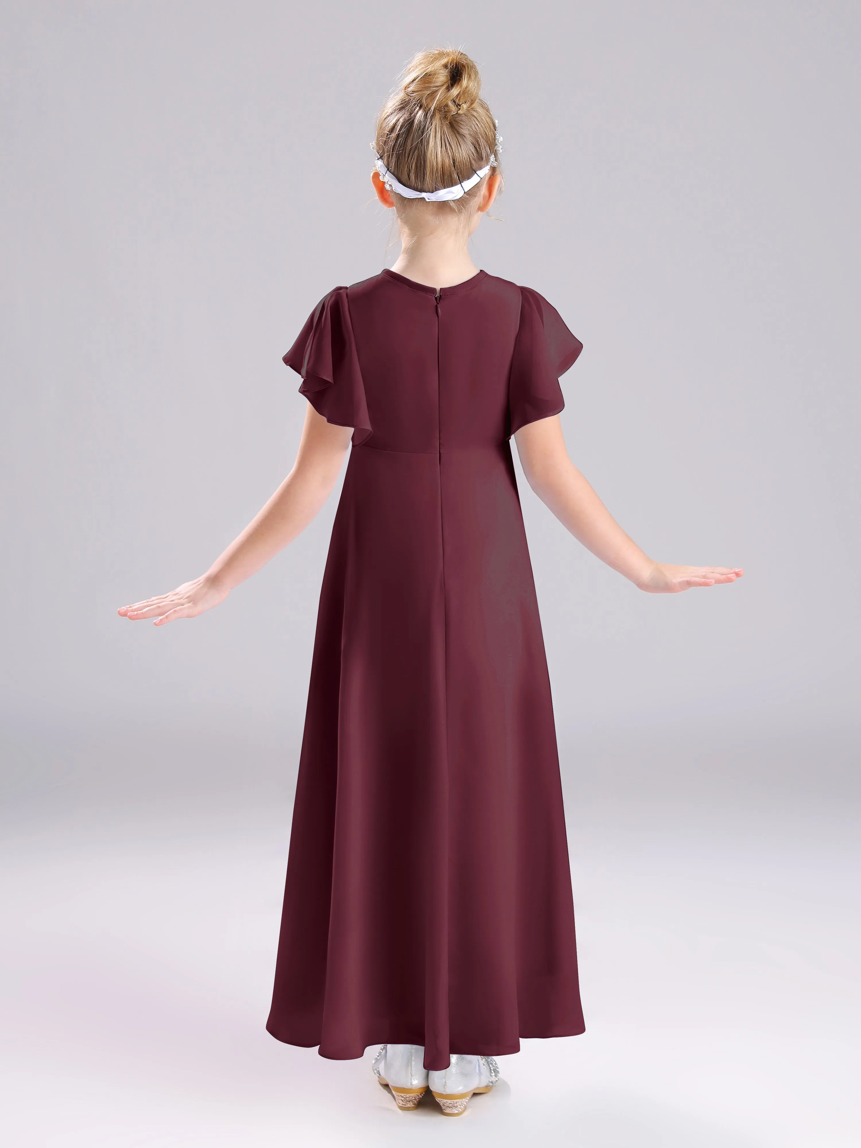 Ruffles Sleeves A-Line Long Chiffon Junior Bridesmaid Dresses