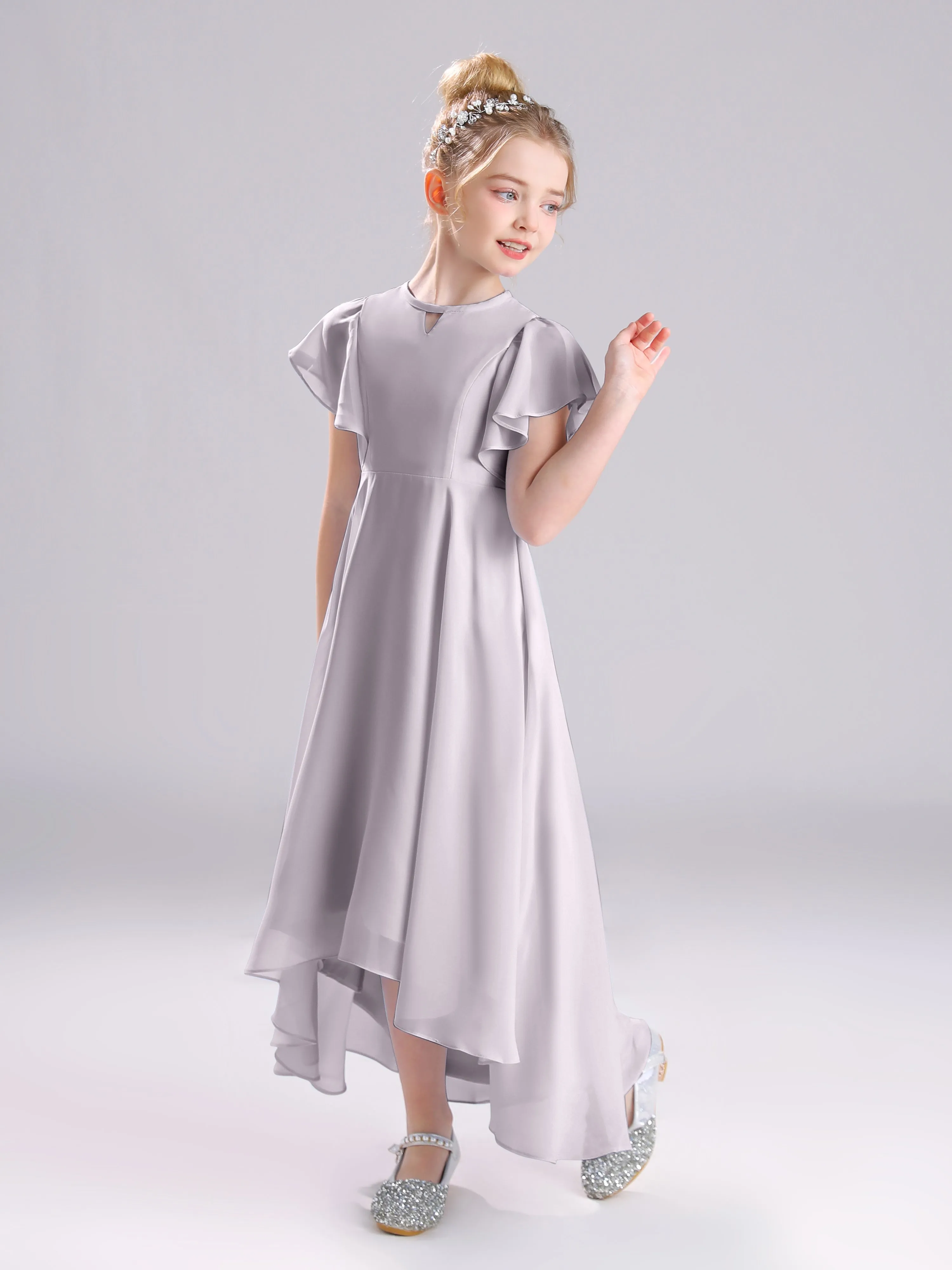 Ruffles Sleeves A-Line Long Chiffon Junior Bridesmaid Dresses